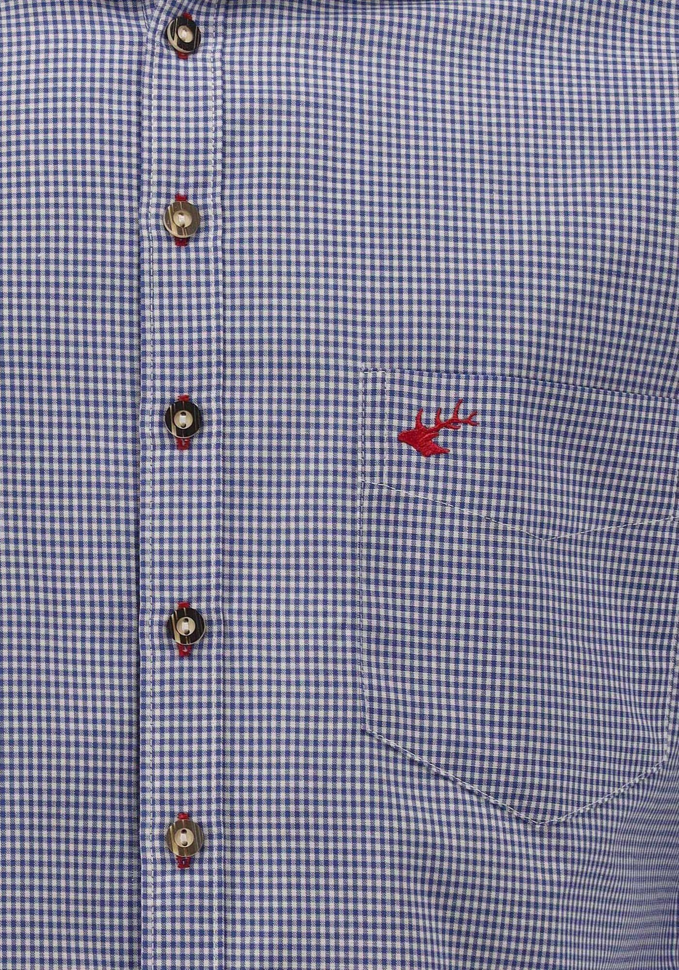 mit Hirsch-Stickerei OS-Trachten mittelblau Trachtenhemd der Brusttasche Wacodu Langarmhemd auf