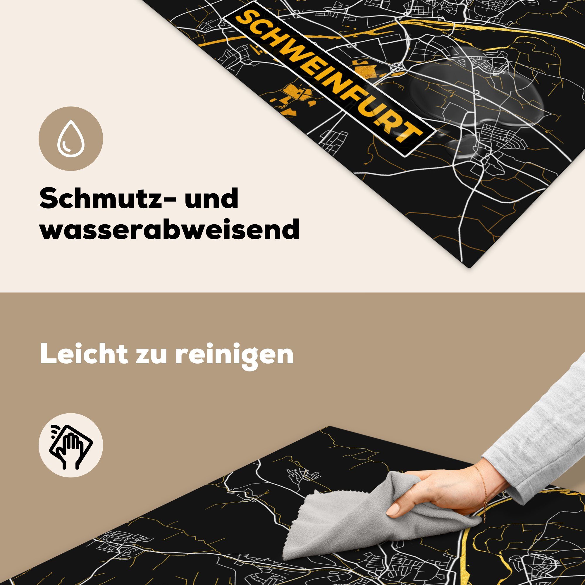 Gold Schweinfurt Ceranfeldabdeckung, tlg), Karte, und (1 Vinyl, Deutschland Arbeitsplatte cm, Schwarz Herdblende-/Abdeckplatte für küche 78x78 - - MuchoWow - - Stadtplan