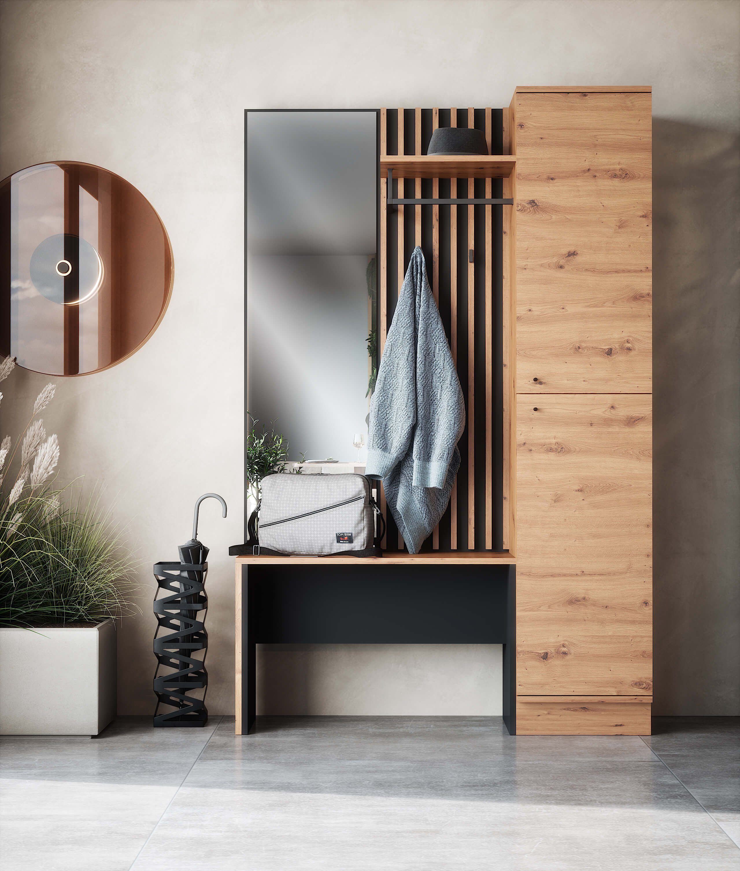 Newroom Kompaktgarderobe Wildeiche 122 cm Wildeiche Garderobe Schuhregal Flurgarderobe Modern Vintage Gardero...
