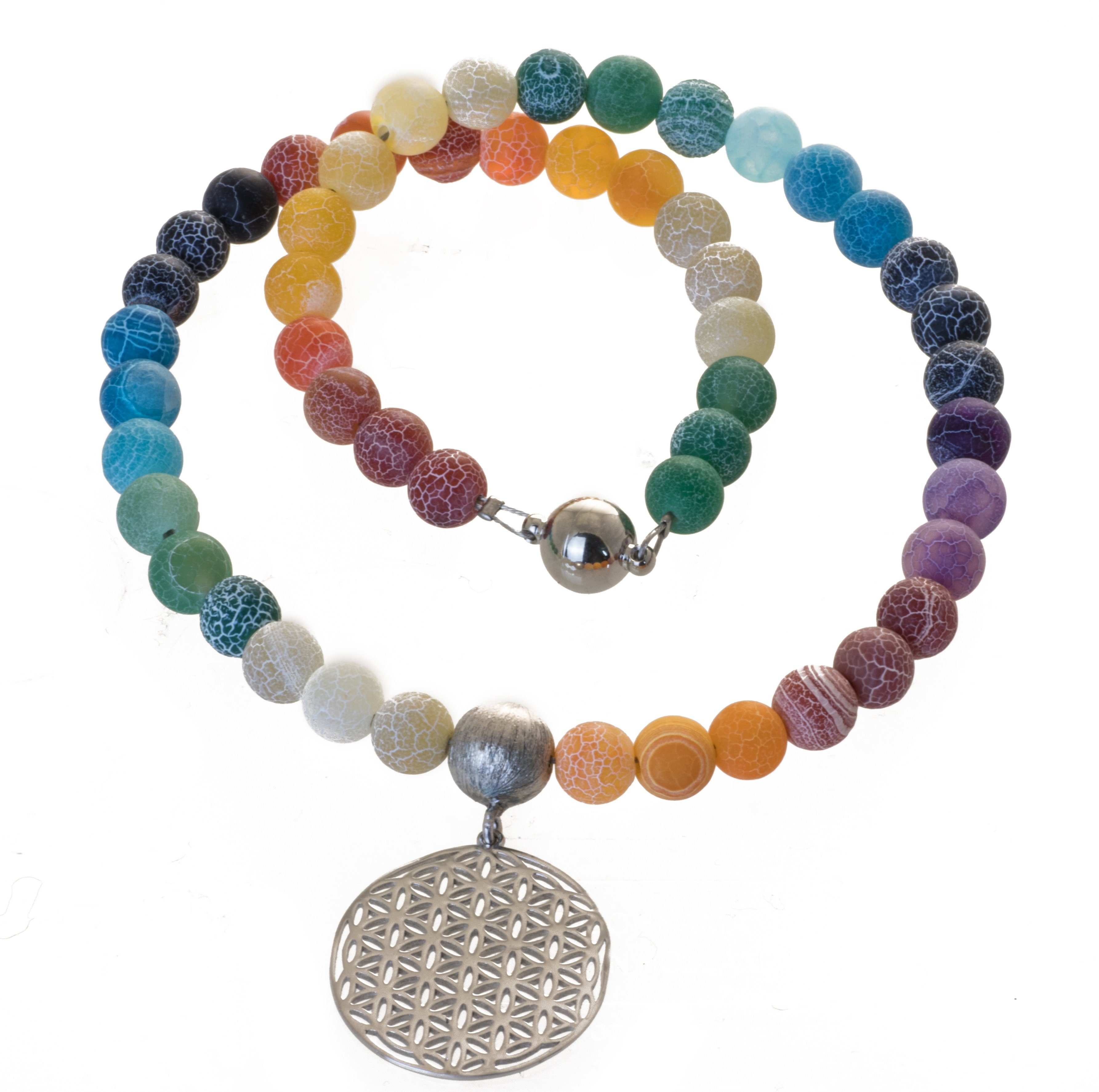 Perlenkette Kette mit Achat Perlen und Anhänger Blume des Lebens