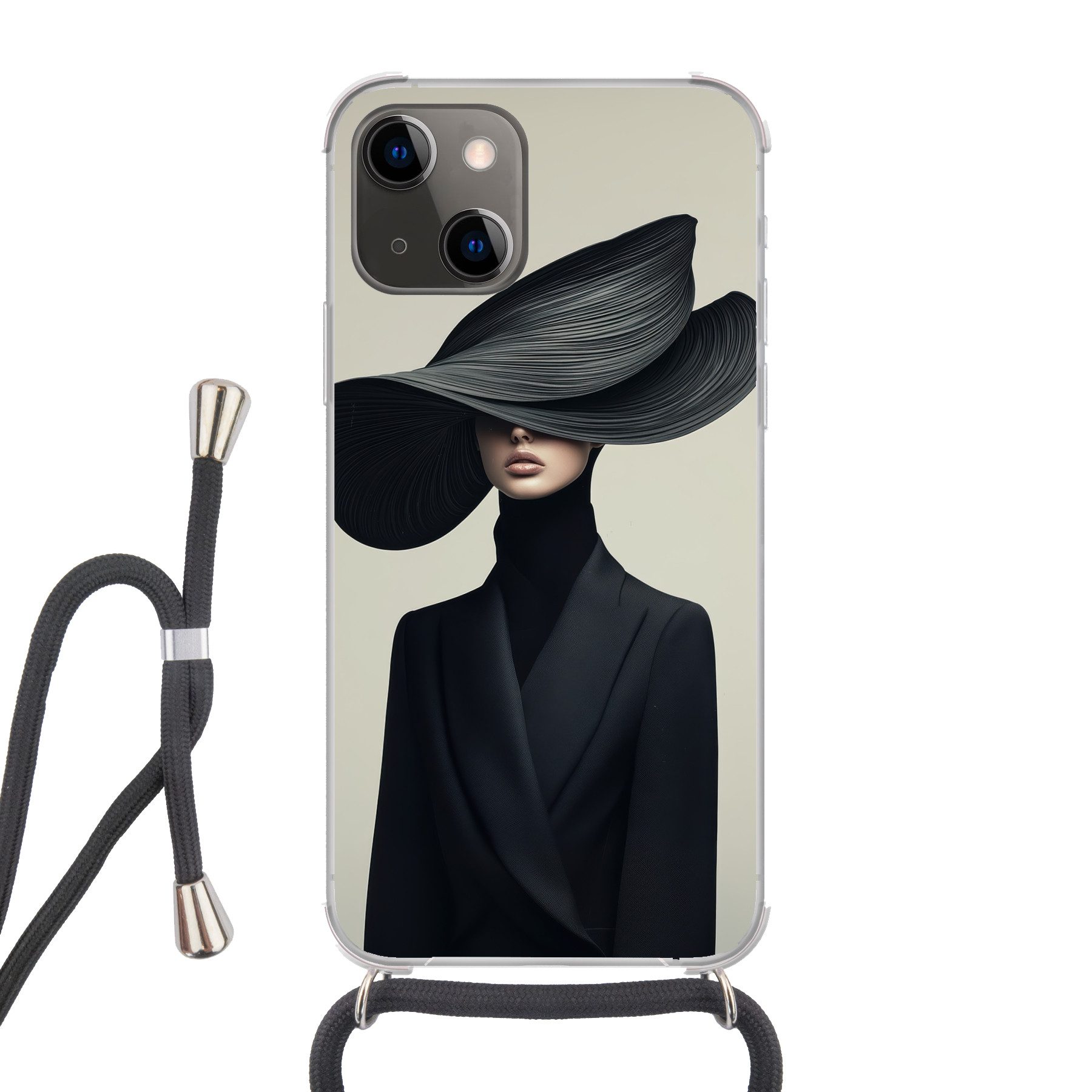 MuchoWow Handyhülle für Apple iPhone 13 Mini Schwarz - Frau - Hut, Tragbare Handyhüllen mit Kette zum umhängen, Handykette Handyband