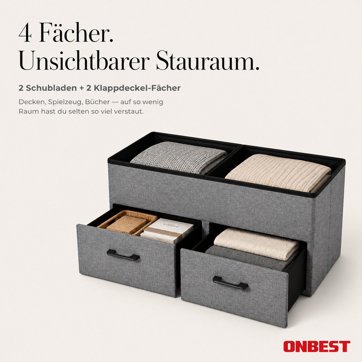 Onbest Sitzbank mit Stauraum gepolstert faltbar, Sitzhocker, Sitztruhe Fußbank, 2 Schubladen, bis 110 kg, klappbarer Deckel, Leinenoptik