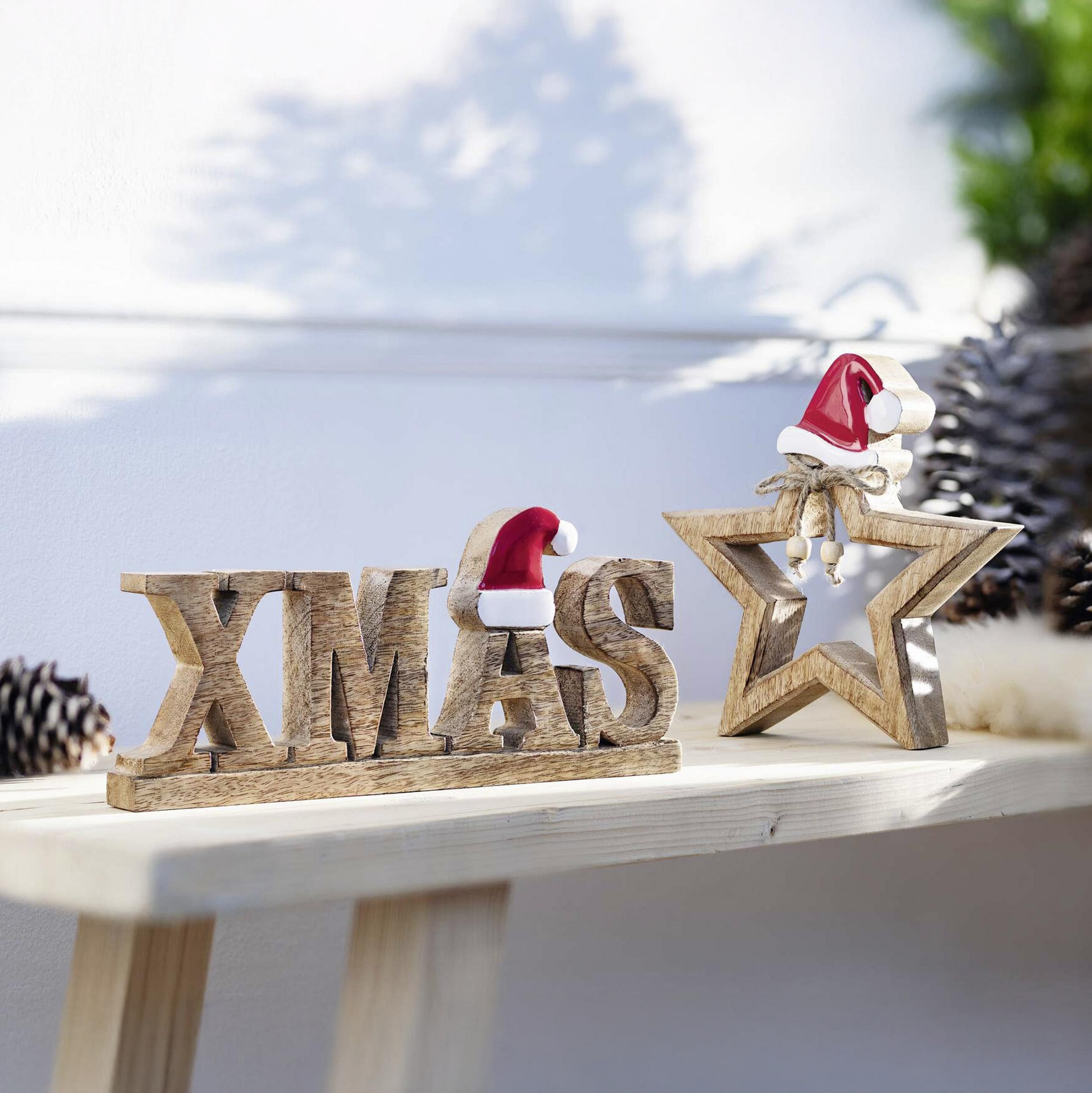 Home-trends24.de Dekoobjekt Schriftzug "XMAS" mit Zipfelmütze Mango Weihnachten Schrank