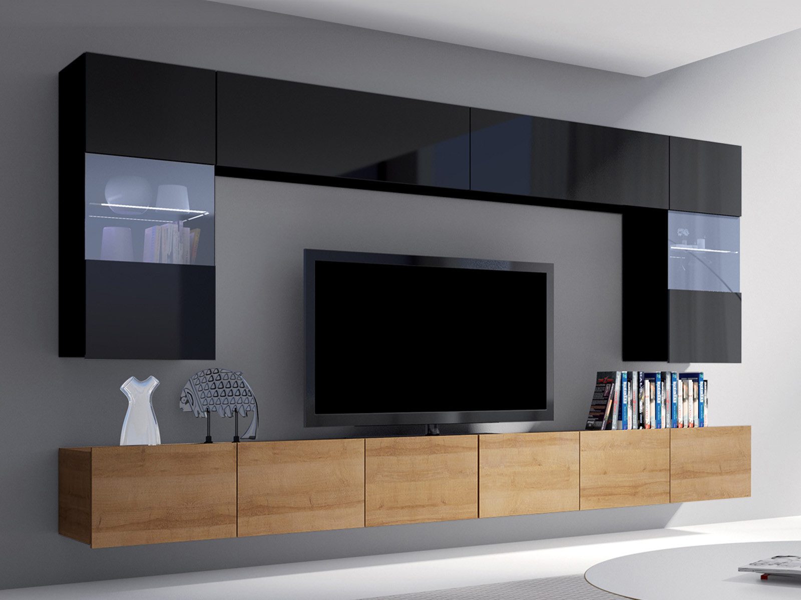 HAUSELEMENT Wohnwand CALABRINI-1, (6-St), Hängewohnwand Schrankwand LED-Beleuchtung Anbauwand Modern