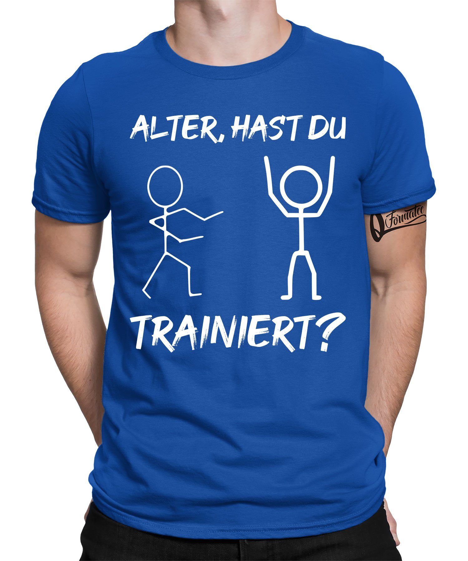 Quattro Formatee Kurzarmshirt Alter, hast du Trainiert? Gym Fitness Sport Krafttraining - Lustiger (1-tlg) Blau