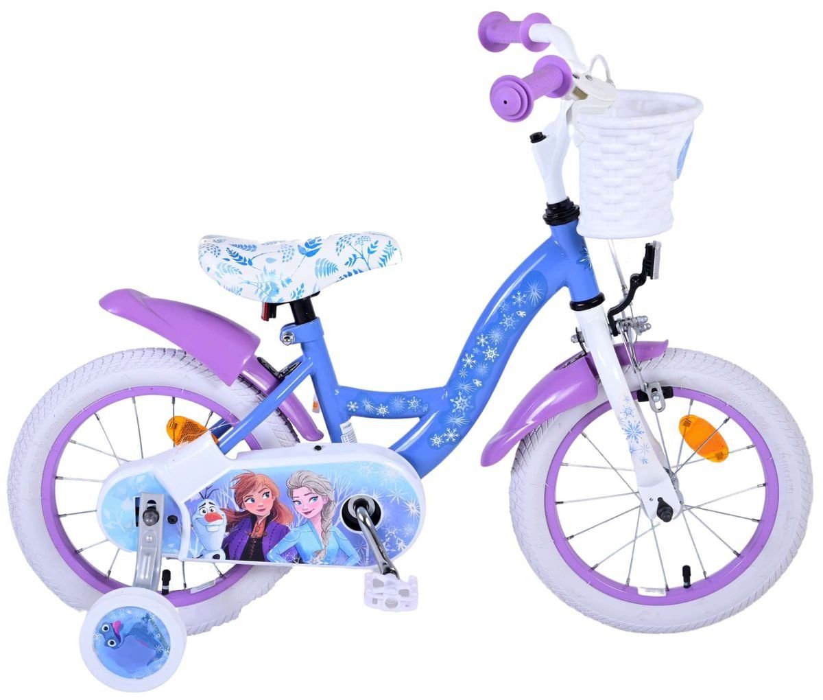 Volare Kinderfahrrad 14 Zoll Kinder Mädchen Fahrrad Rad Frozen 2 Eiskönigin Elsa 21416-SACB, 1 Gang, Rücktritt, Korb,Stützräder,Kettenschutz, Schutzbleche