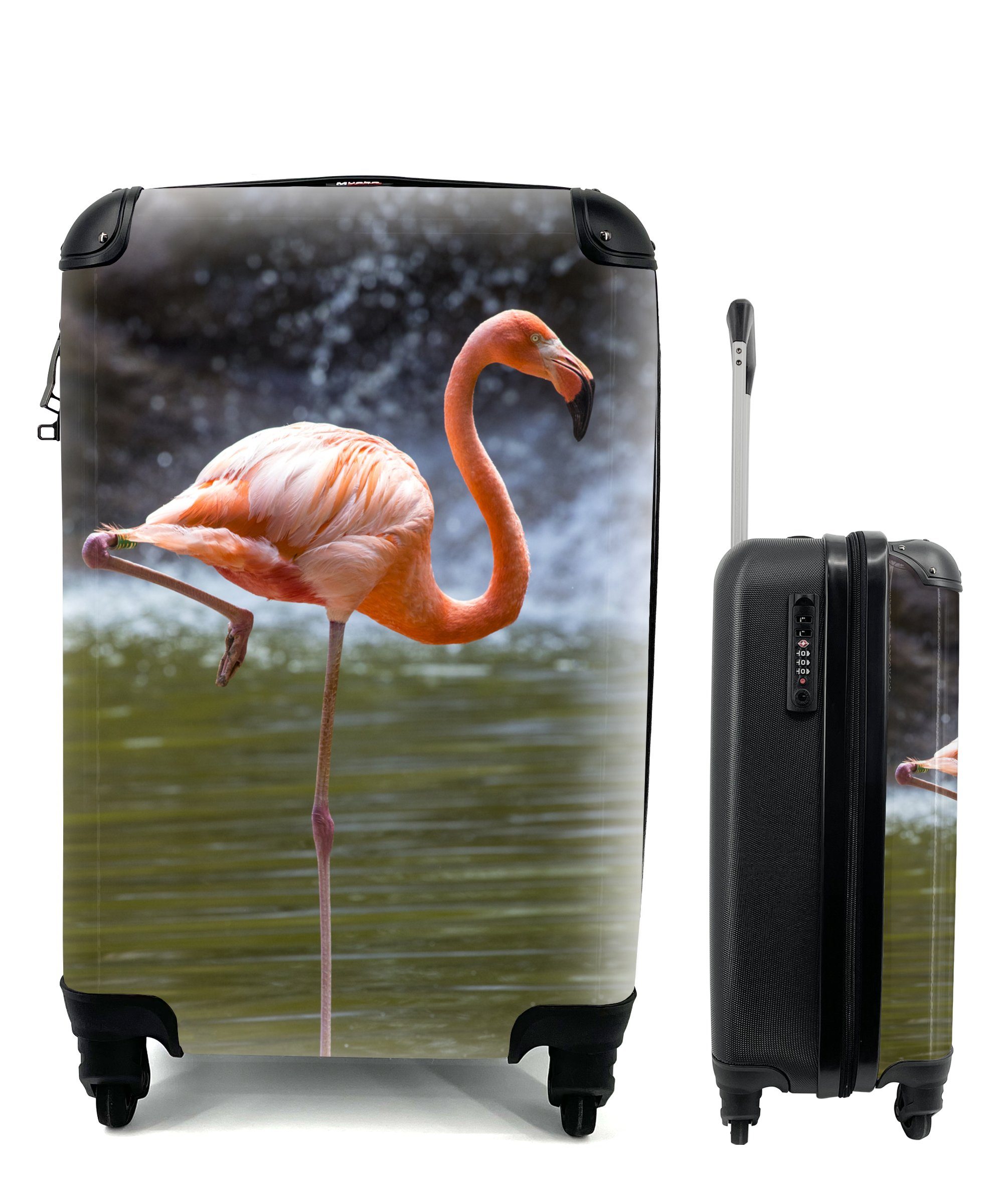 MuchoWow Handgepäckkoffer Ein Flamingo steht im Wasser, 4 Rollen, Reisetasche mit rollen, Handgepäck für Ferien, Trolley, Reisekoffer