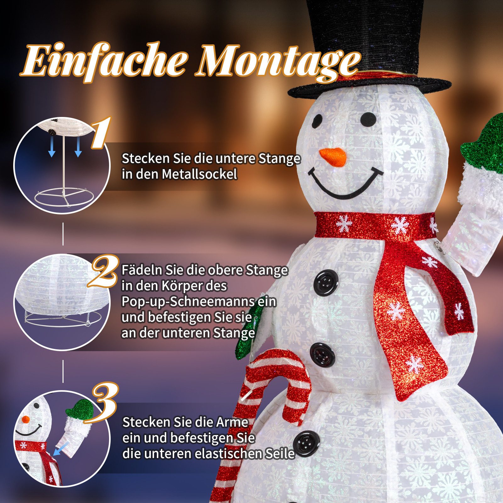 LALAHO Schneemann LED-Schneemann Weihnachten deko, 170cm mit 240 LEDs Weihnachtsbeleuchtung für Innen und Außen – Bild 4 von 5
