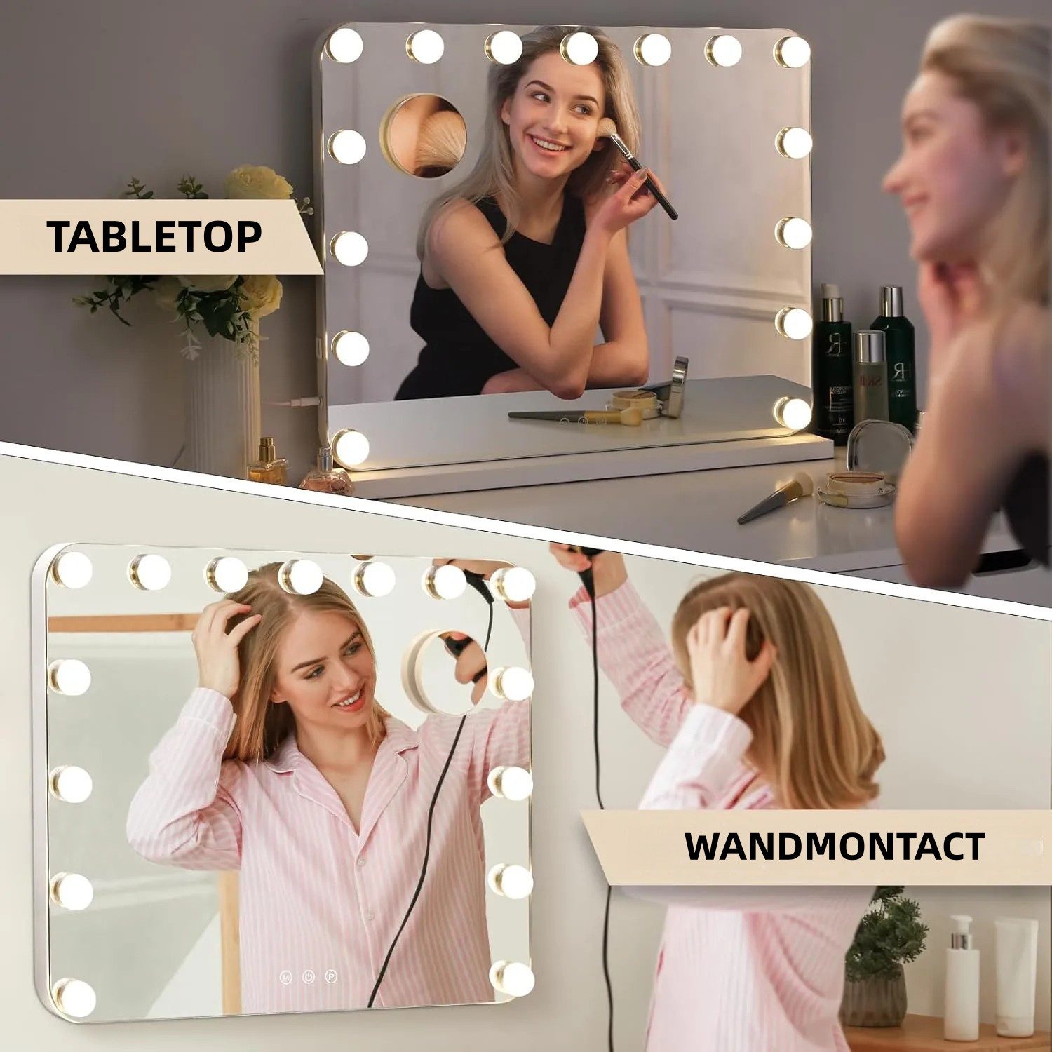 TLGREEN Schminkspiegel Hollywood Spiegel mit Licht 80x60/58x46 cm (USB- und TYPE-C-Ladeanschlüsse, Drei helle Farben), 10-fache Lupe