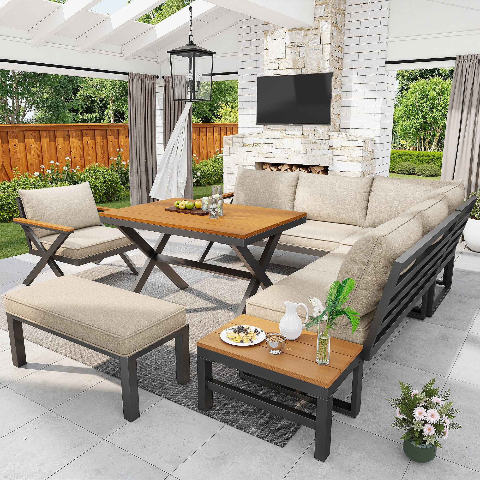 REDOM Gartenlounge-Set mit modernem X-Design, (robustem Metallrahmen, 10cm dicken Kissen und Holztischen, 1-tlg)
