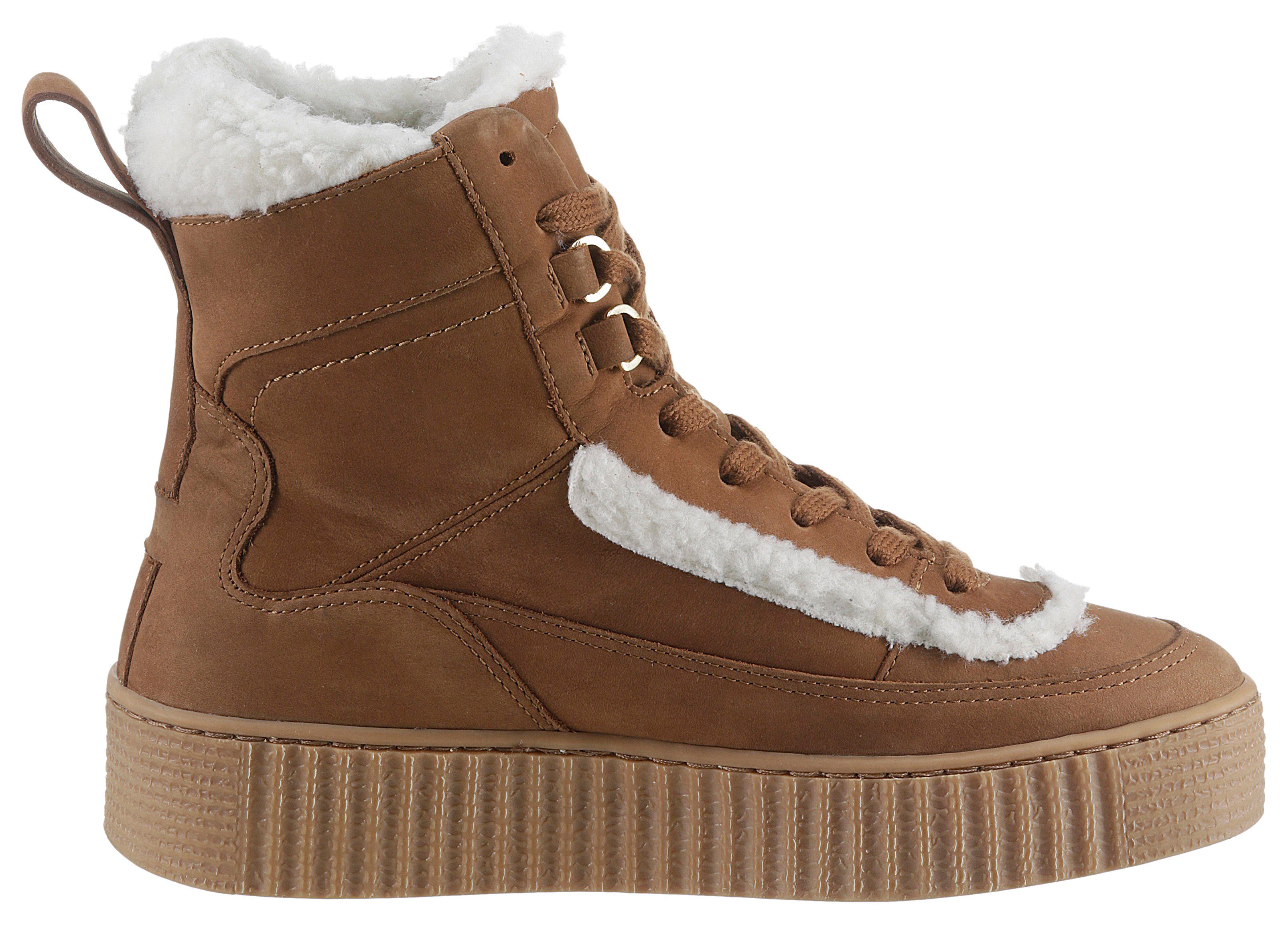 Winterboots Fellimitat-Besätzen Hilfiger WARMBOOTIE ESSENTIAL cognac UP mit Tommy LACE