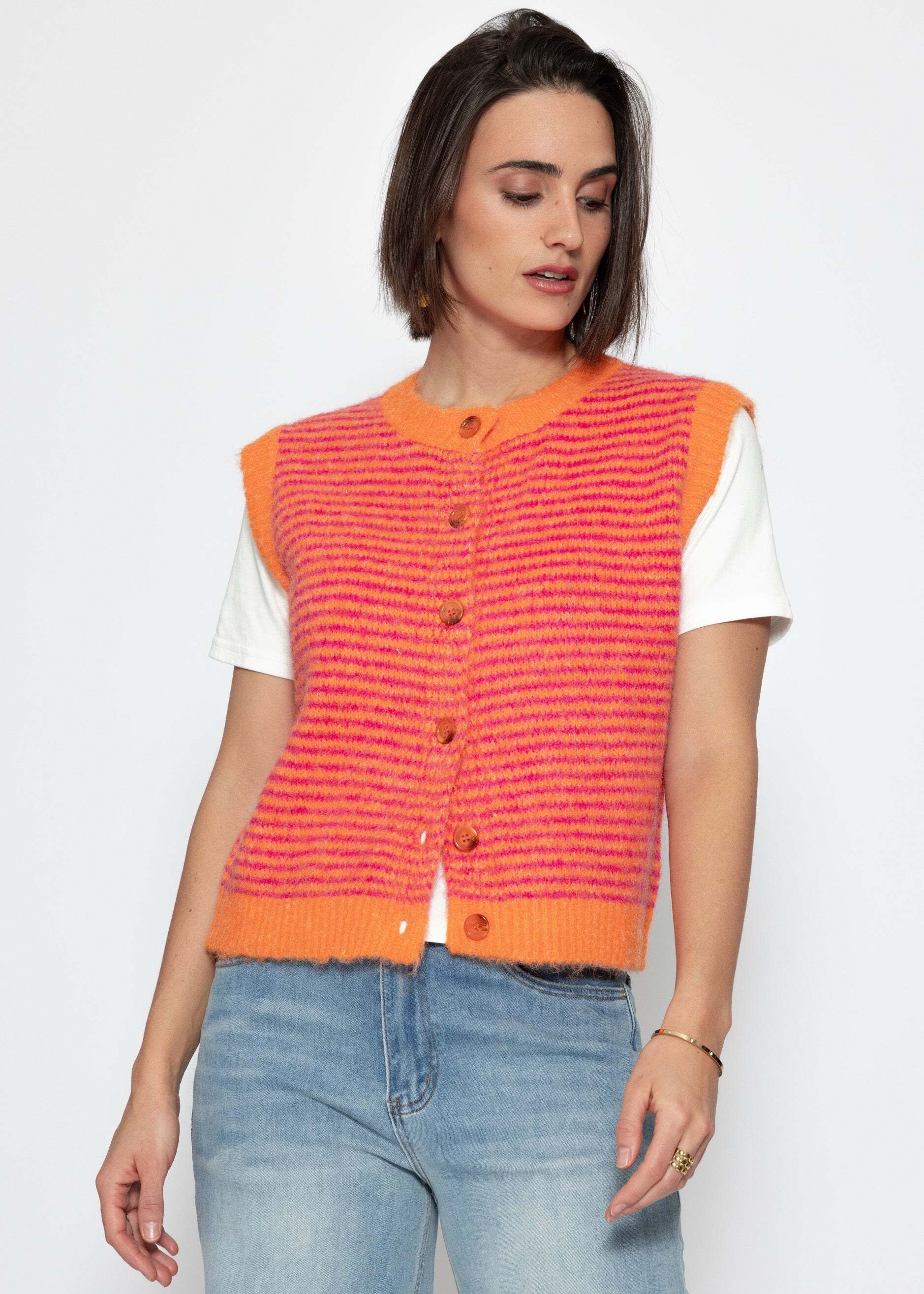 SASSYCLASSY Kurzweste Gestreifte Strickweste für Damen Moderne Weste mit Knopfleiste und Rundhalsauschnitt Orange