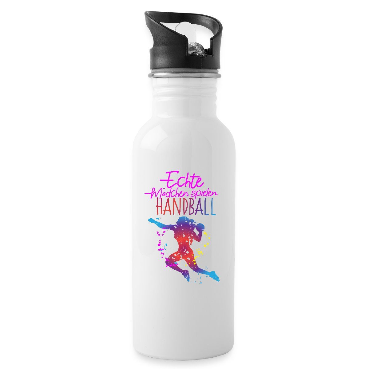Spreadshirt Trinkflasche Echte Mädchen Spielen Handball Silhouette Sport Wasserflasche mit Stro