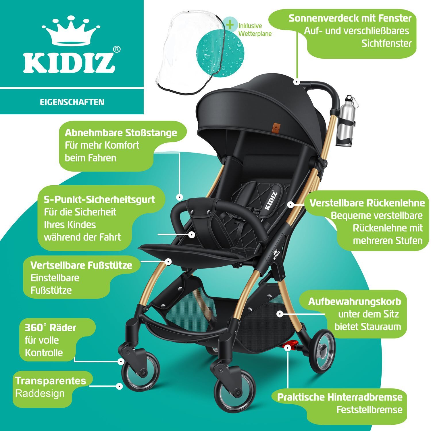 KIDIZ Kombi-Kinderwagen Sportwagen Faltbar, Buggy mit verstellbaren Rückenlehnen & 360° Räder, (Kinderbuggy Inkl. Getränkehalter, Regenabdeckung & Sonnenverdeck), Liegebuggy mit 5-Punkt Gurt & Abnehmbare Stoßstange