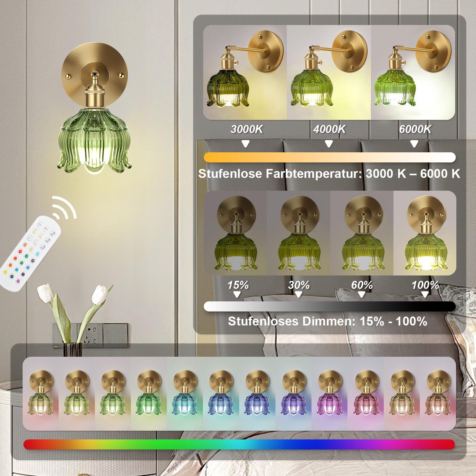 Rosnek Wandleuchte LED Wandlampe Modern Dimmbar RGB mit Fernbedienung, Glas Grüne Blumen, Einstellbar, LED fest integriert, Warmweiß, Neutralweiß, Kaltweiß, RGB, Helligkeit einstellbar von 15%-100%, Timer, Wiederaufladbar E27 Kabelloses Nachtlicht für Flur Schlafzimmer
