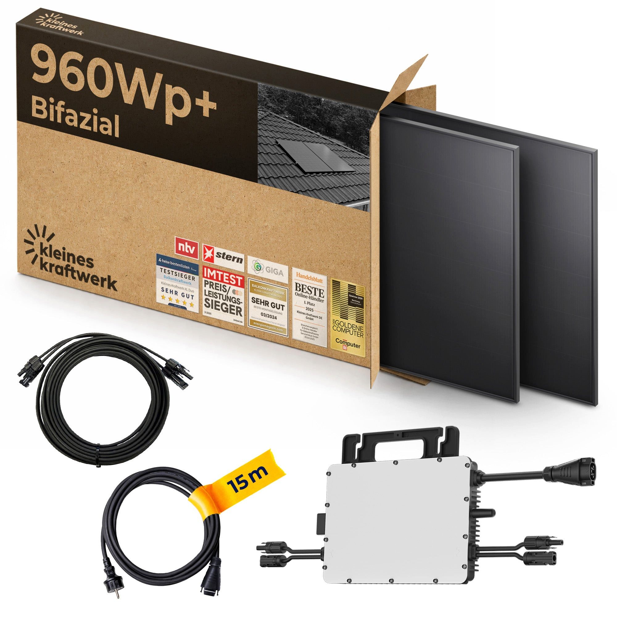Kleines Kraftwerk Balkonkraftwerk, 960 W, Monokristallin, (ohne Halterung), 2 x 480W, Wechselrichter, Stromanschlusskabel, Solarverlängerungskabel