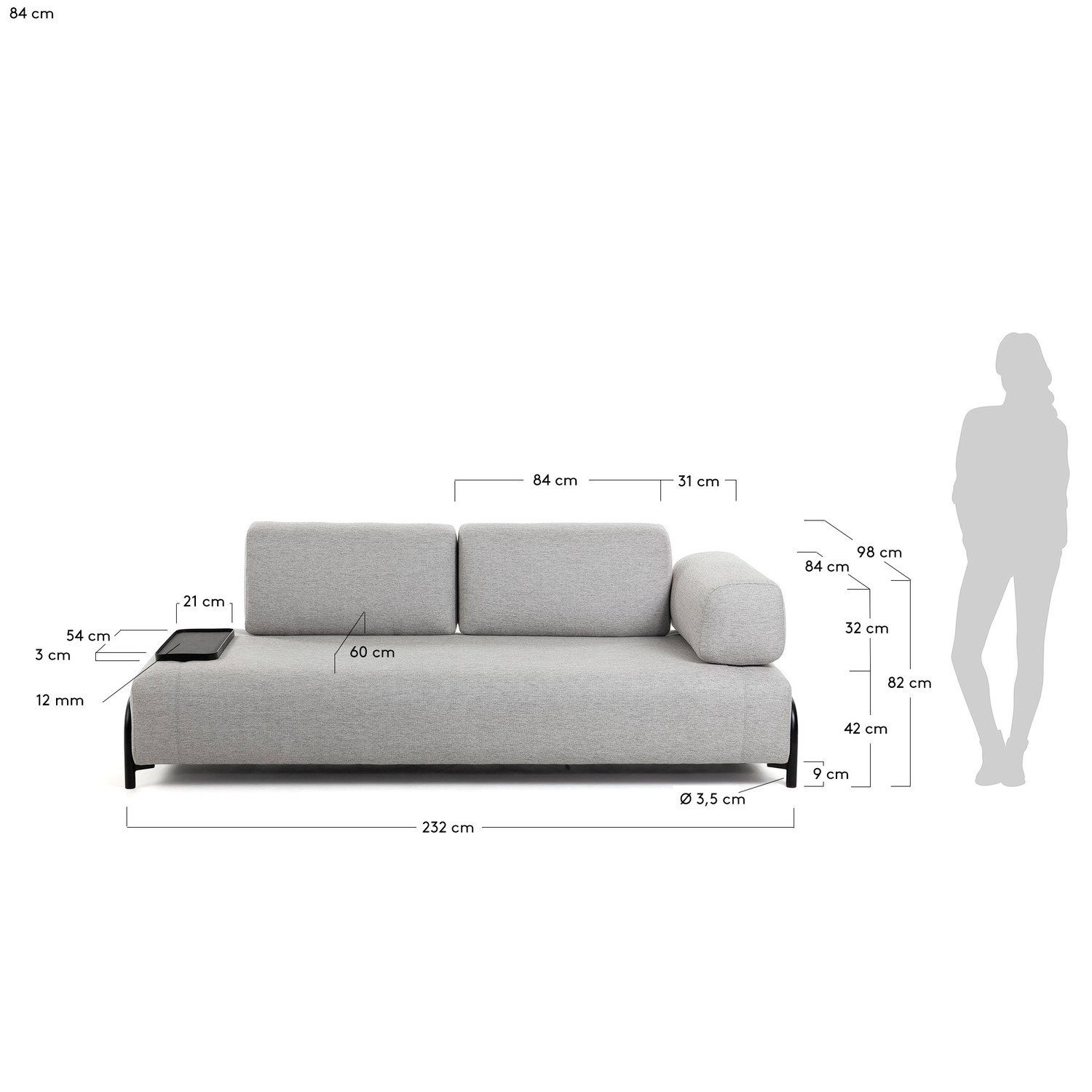 Natur24 Sofa Sofa Compo 3-Sitzer beige 232cm Tablett kleinem mit Couch