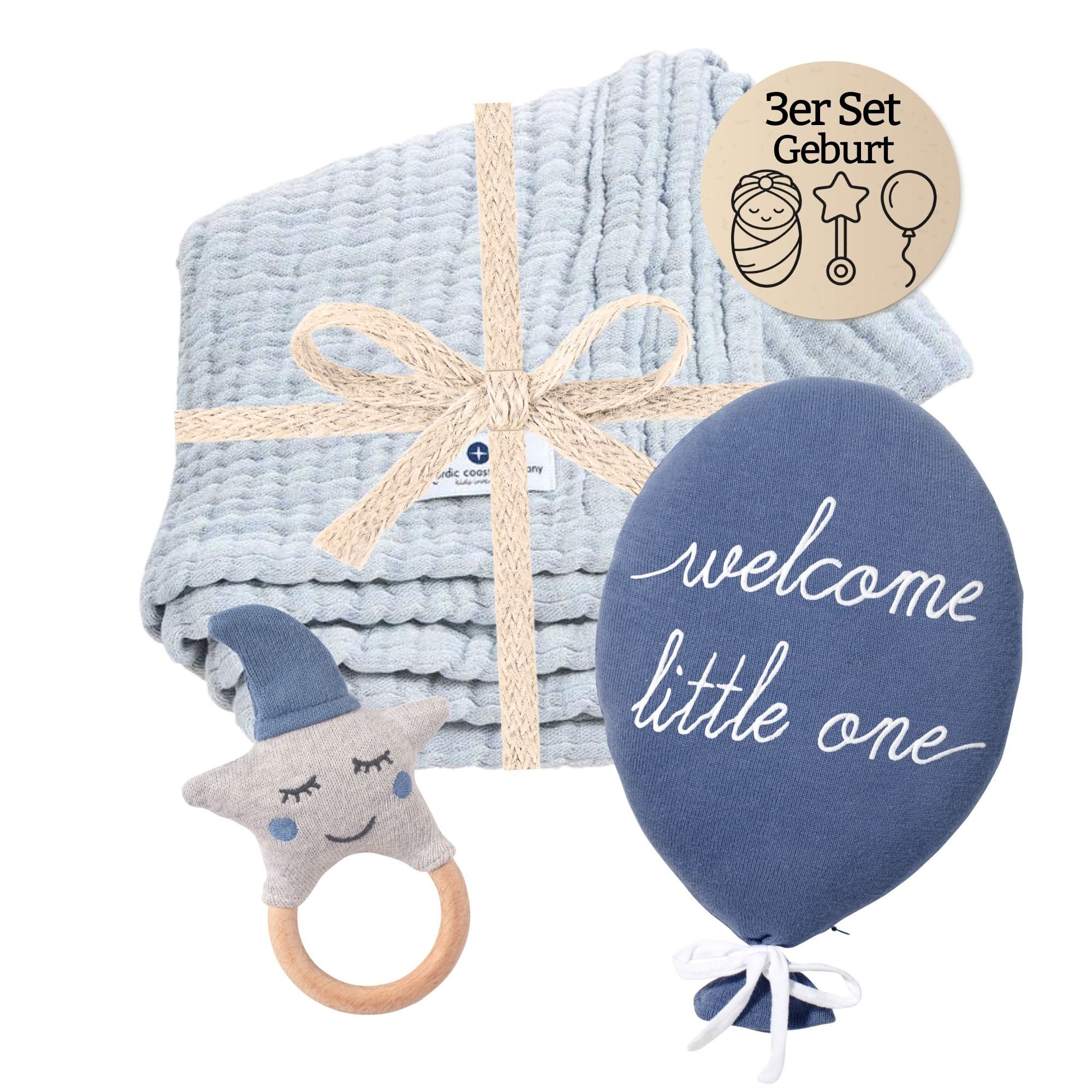 Nordic Coast Company Neugeborenen-Geschenkset Baby Geschenk 3er Set Geburt (3 tgl. Ballon, Kuscheldecke und Rassel) Geschenk-set, Geburt & Taufe, Babygeschenk Junge Mädchen, Babyshower