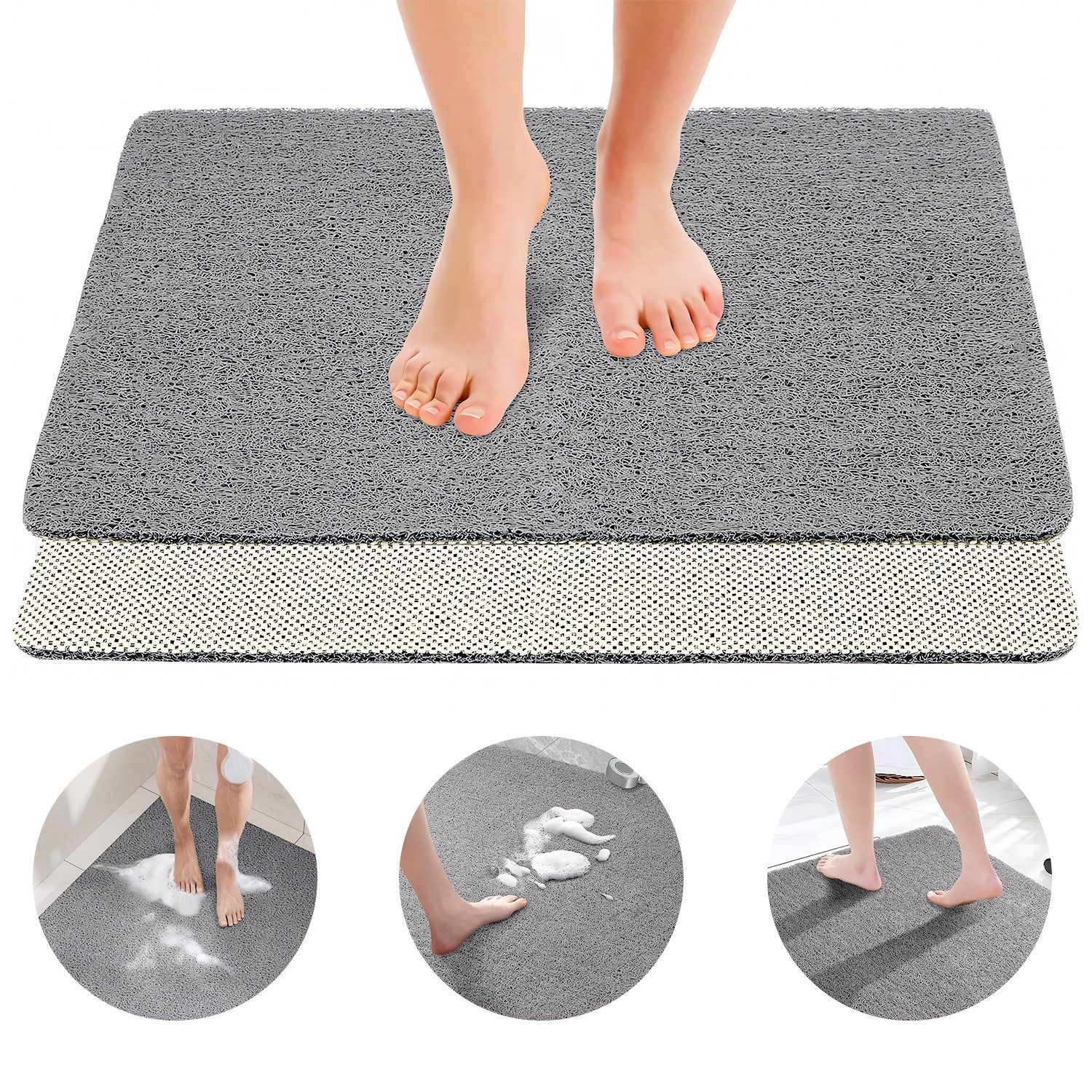 HEYHIPPO Duschmatte Rutschfeste Duschmatte – PVC, ohne Saugnäpfe, schnelltrocknend, grau, rutschhemmend beschichtet, schnell trocknend, PVC, Antirutsch Badematte mit Abflusslöchern – Luffa-Duschmatte, 80×80 cm