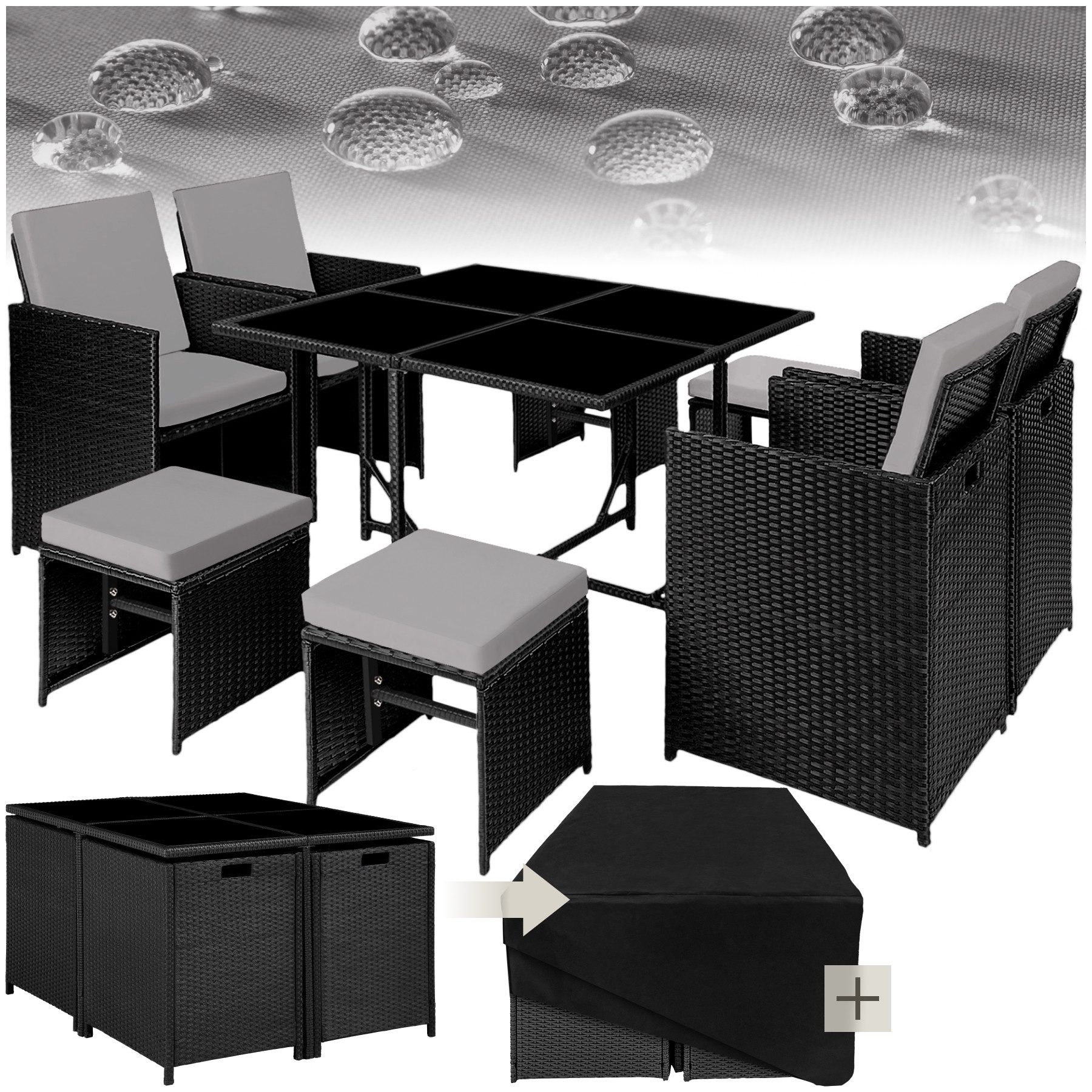 tectake Sitzgruppe Rattan Sitzgruppe, (Set., 9-tlg), 4 Sessel mit Sitz- und Rückenpolster