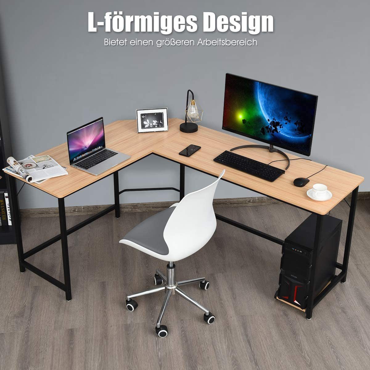 in Tisch, L-Form, 167,5x125,5x73,5cm Eckschreibtisch Gaming Computertisch KOMFOTTEU Natur