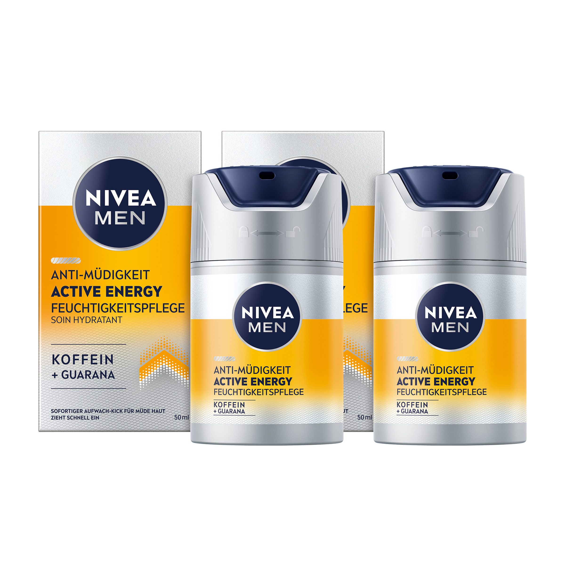Nivea Men Gesichtspflege Active Energy Feuchtigkeitspflege Koffein Guarana 2x50ml Set, 2-tlg., Mikroplastikfreie Formel gemäß UNEP-Definition