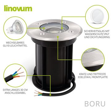 linovum Gartenstrahler BORU Bodeneinbaustrahler aussen IP67 mit GU10 LED 3W neutralweiss, Leuchtmittel inklusive, Leuchtmittel inklusive