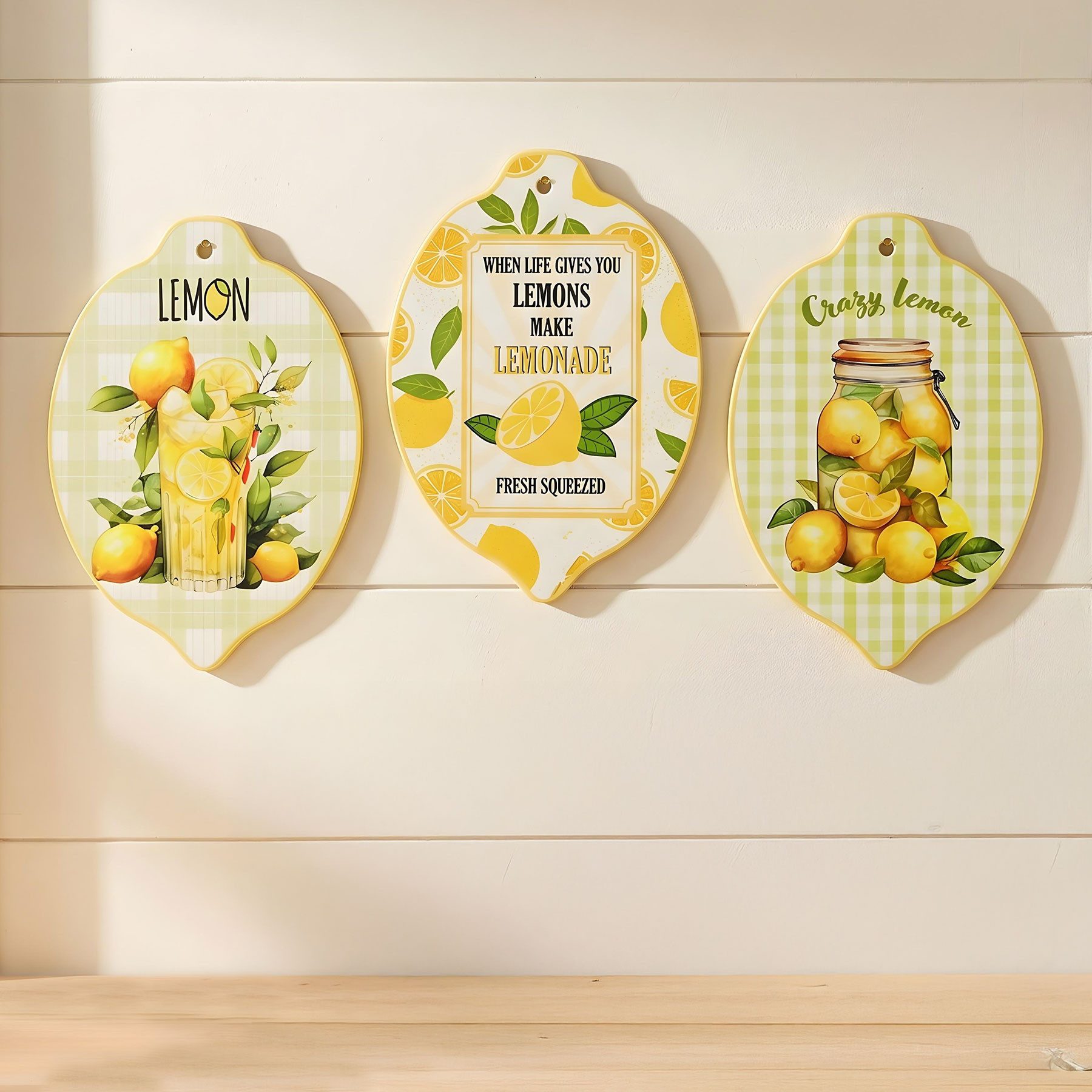 Levandeo® Mehrteilige Bilder 3er Set Zitronen Bilder 15x21cm Gelb Porzellan Glanz Mediterrane Wandd