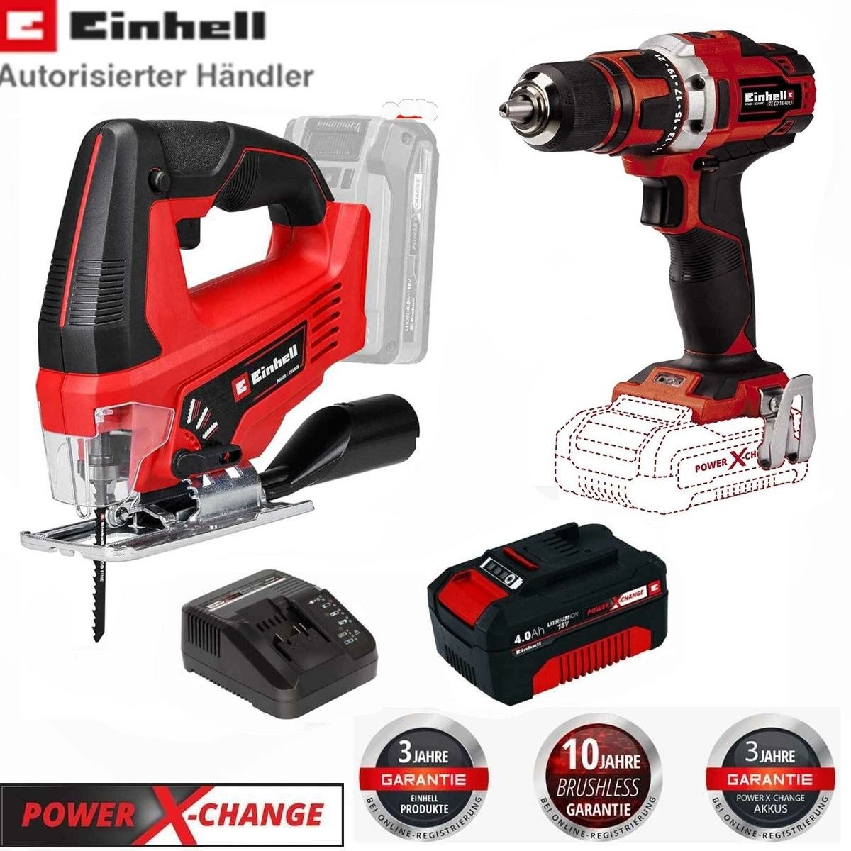 Einhell Akku-Bohrschrauber Set 18V Bohrschrauber TE-CD 18/40 Stichsäge TC-JS 18V Akku 4 Ah