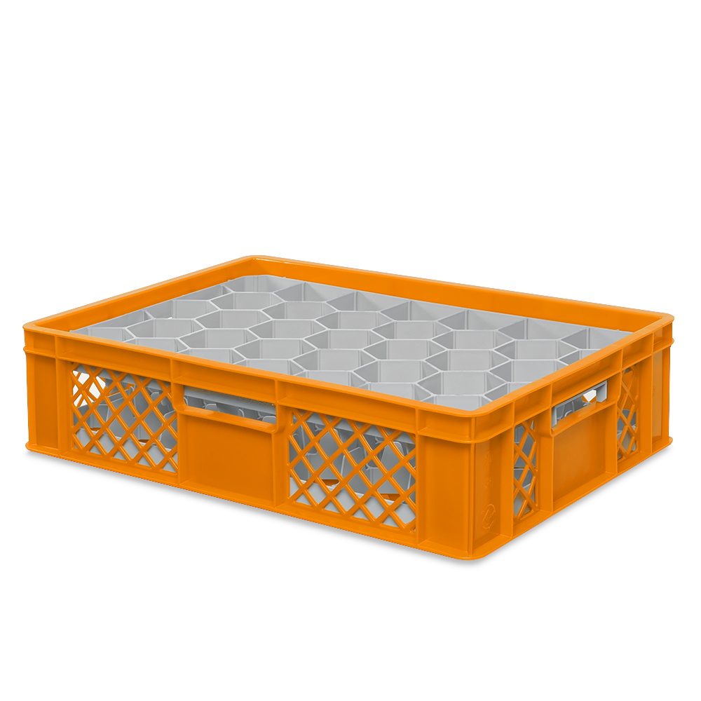 BRB-Lagertechnik Aufbewahrungskorb Gläserkiste 600x400 mm für 33 Gläser bis 122 mm Höhe/Ø 75 mm, Gläserkorb für Reinigung, Lagerung, Transport von Gläsern