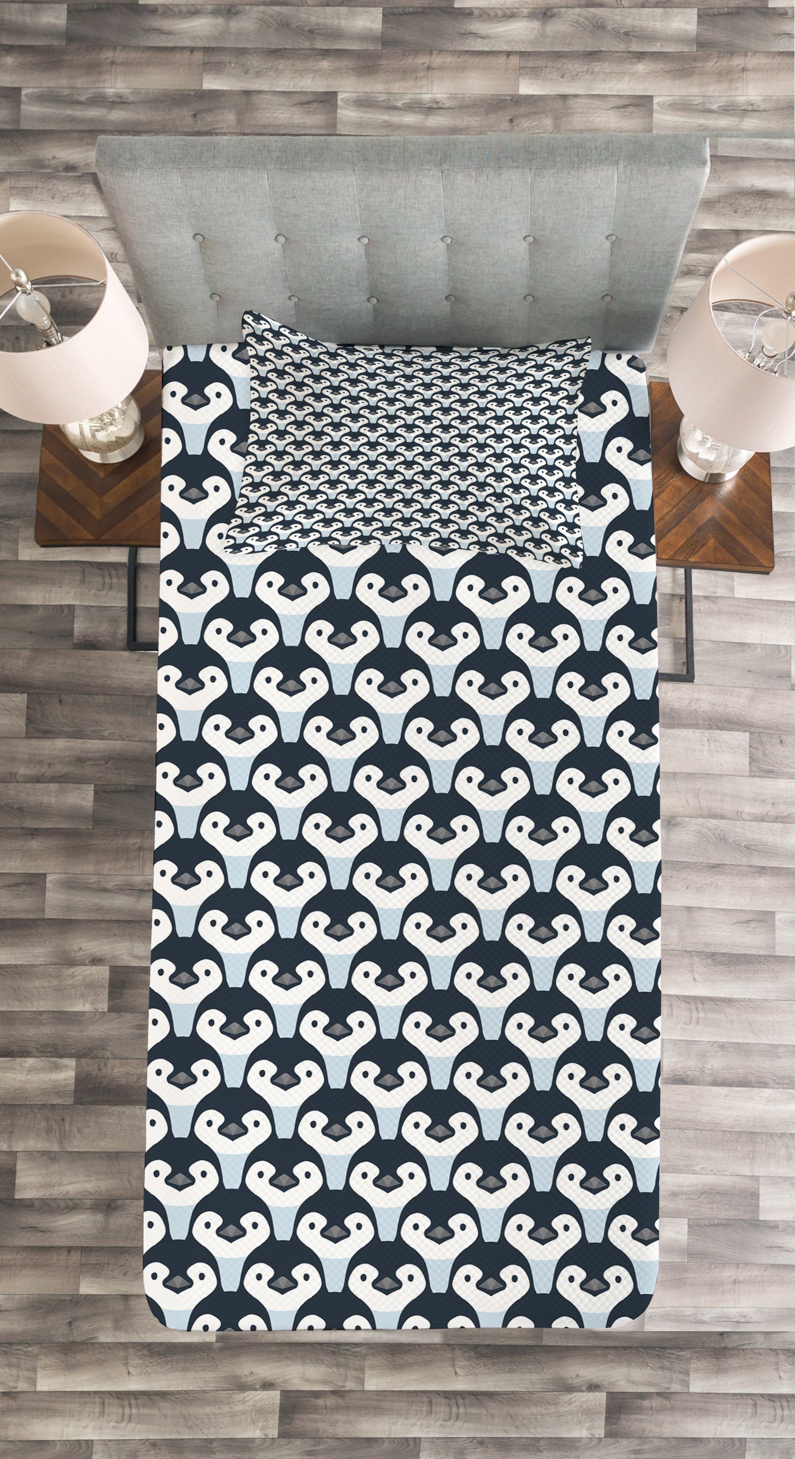 Gesicht Waschbar, Set Pinguin Baby-Vögel Tagesdecke Muster Abakuhaus, mit Kissenbezügen