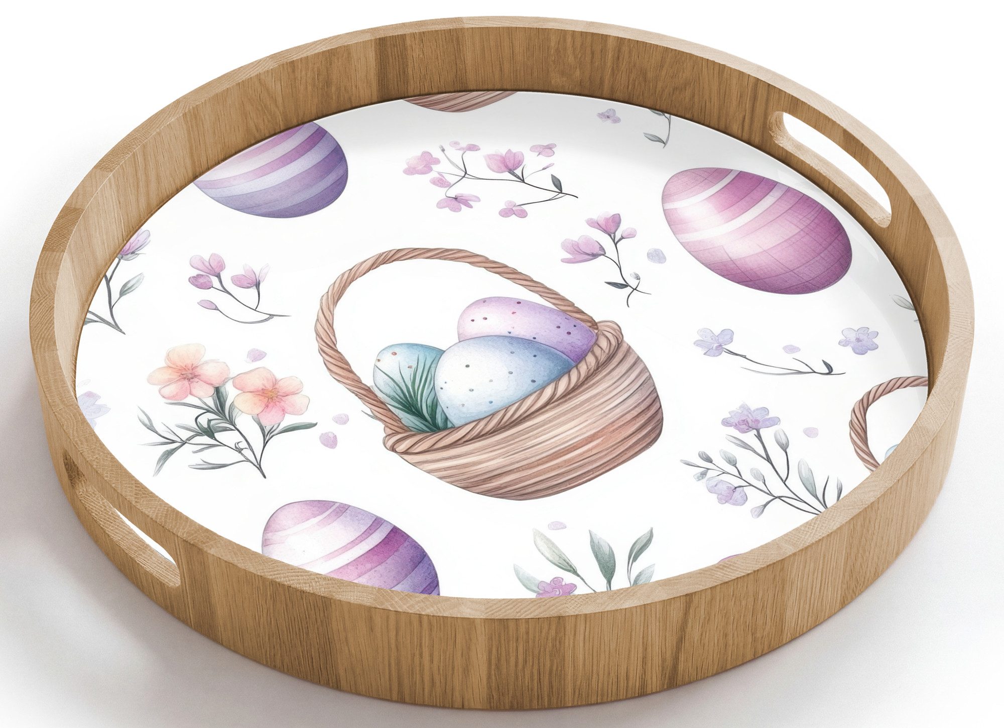 OnlyWow Tablett Rund mit Henkel Blumen - Ostereier - Muster, Eichenholz, (1-tlg), Siervierplatte, Tray, Frühstücksbrett