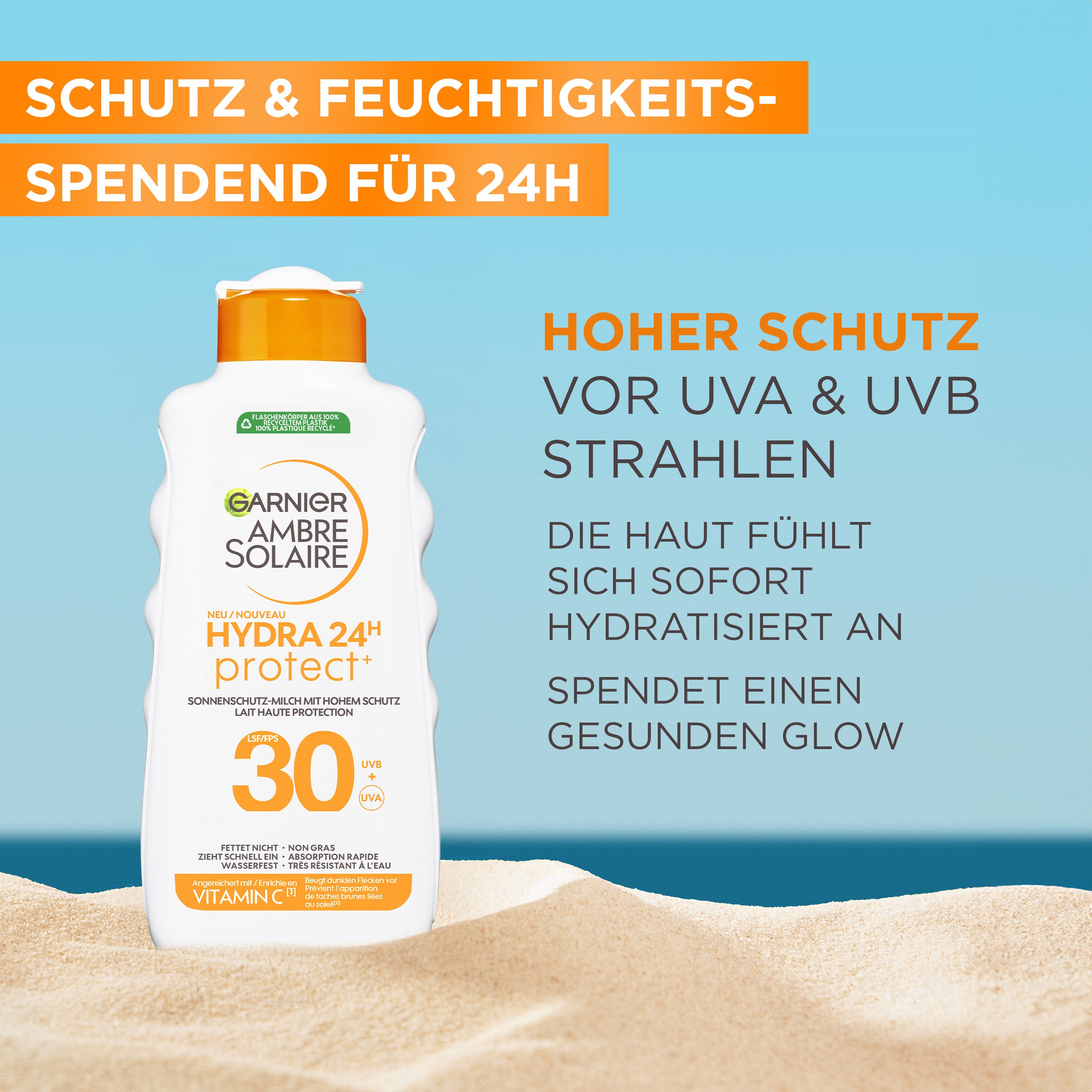 GARNIER Sonnenschutzmilch AMBRE SOLAIRE HYDRA PROTECT+ 24H SONNENSCHUTZ-MILCH LSF 30, Beugt dunkle Flecken vor, wasserfest, zieht schnell ein.