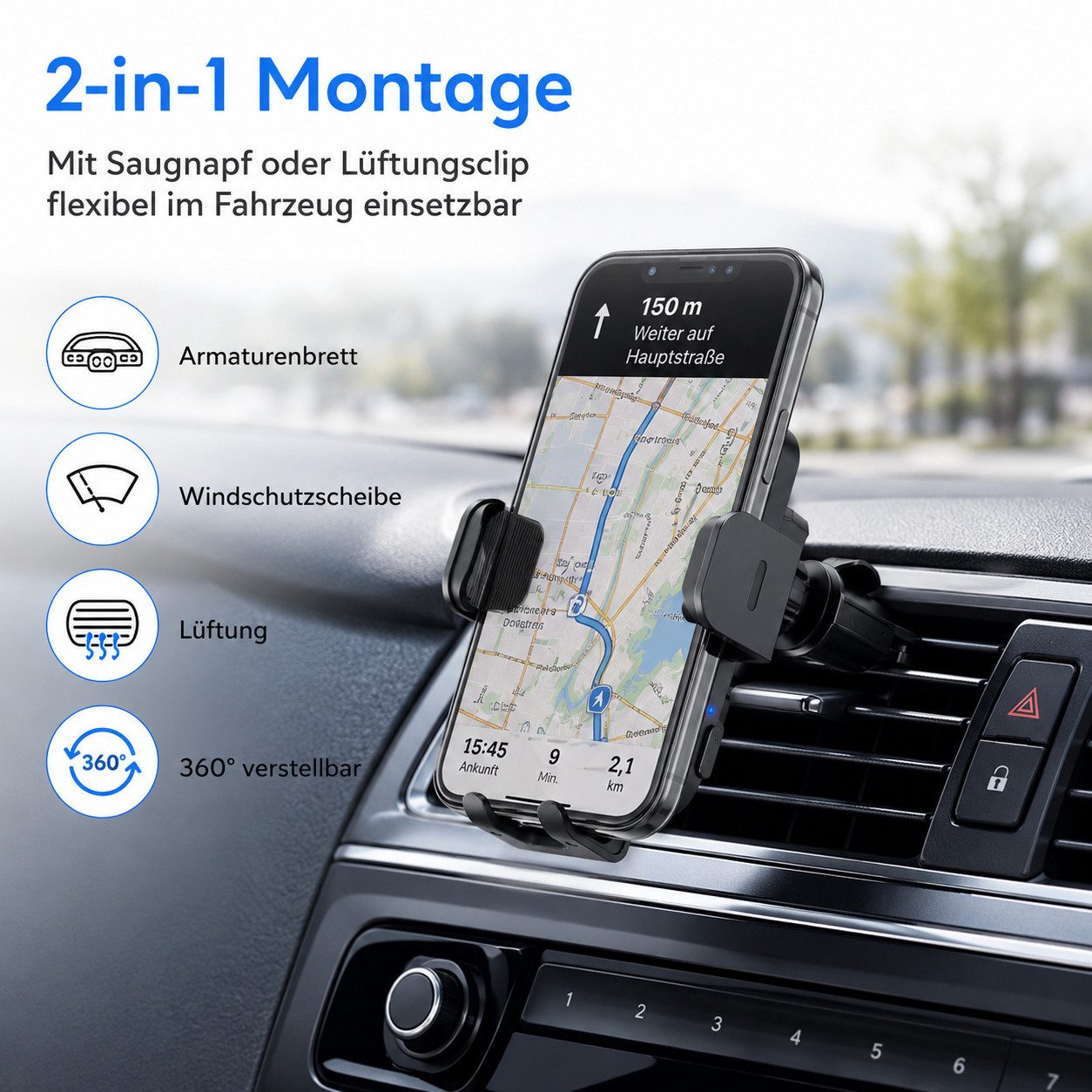 Tekoo Smartphone-Halterung Handyhalterung Auto kabellos, 15W Qi-Schnellladegerät 2-in-1 Montag, (bis 6.8 Zoll, Schnellladen, Auto-Klemmung, 360°-Drehung, Teleskoparm, LED-Erkennung)