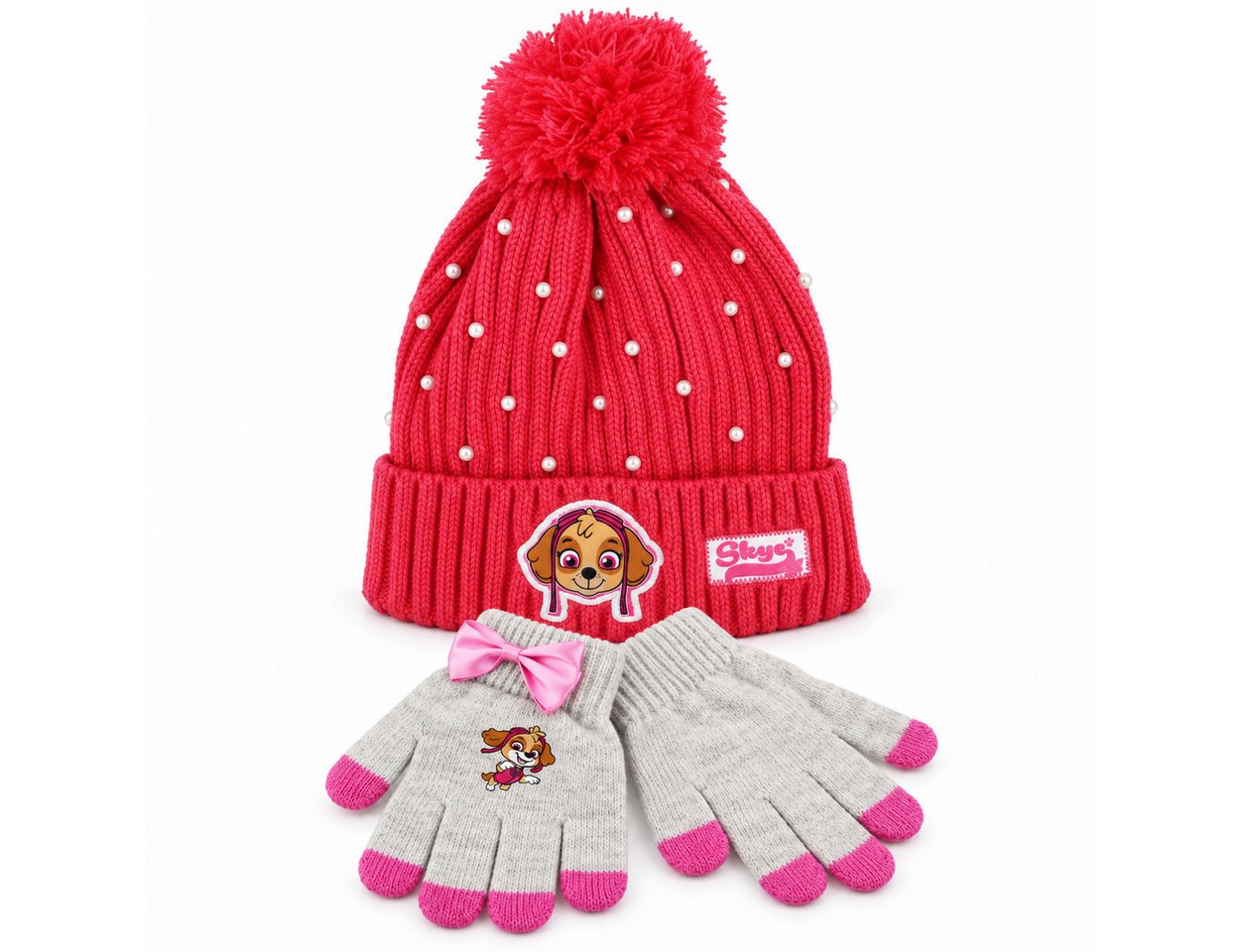 PAW PATROL Bommelmütze Paw Patrol Skye Kinder Winter Bommel Mütze mit Perlen plus Handschuhe Gr. 52 bis 54