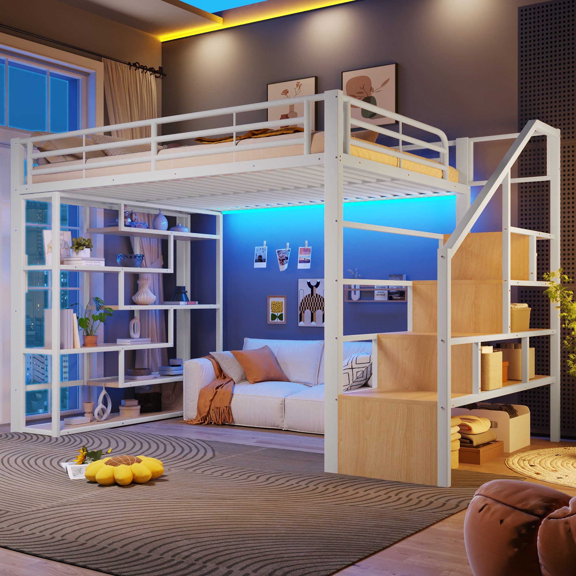 muvano Bett Hochbett 140x200 Metall Weiß mit Stauraum LED Treppe