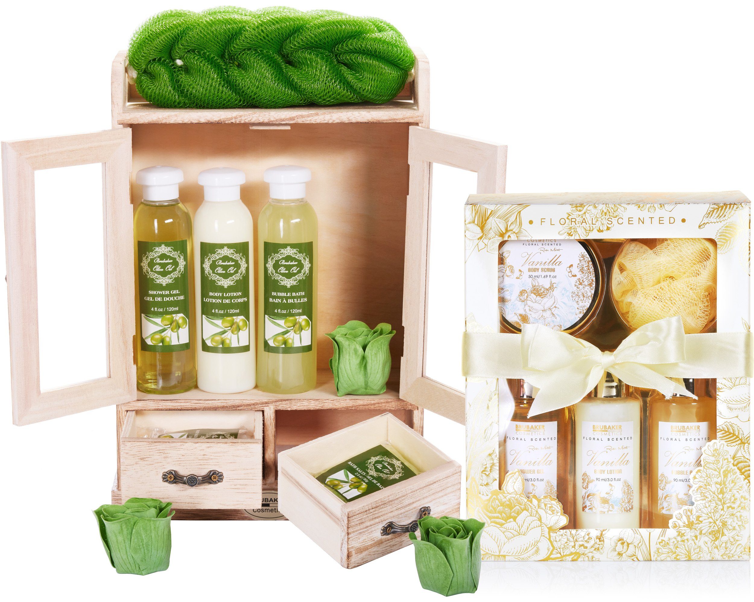 BRUBAKER Pflege-Geschenkset 2 in 1 Pflegeset Olive & Vanilla Rose Minze - Wellness Set, 15-tlg., Damen Dusch- und Badeset - Frauen Beauty Geschenkset mit Dekoration