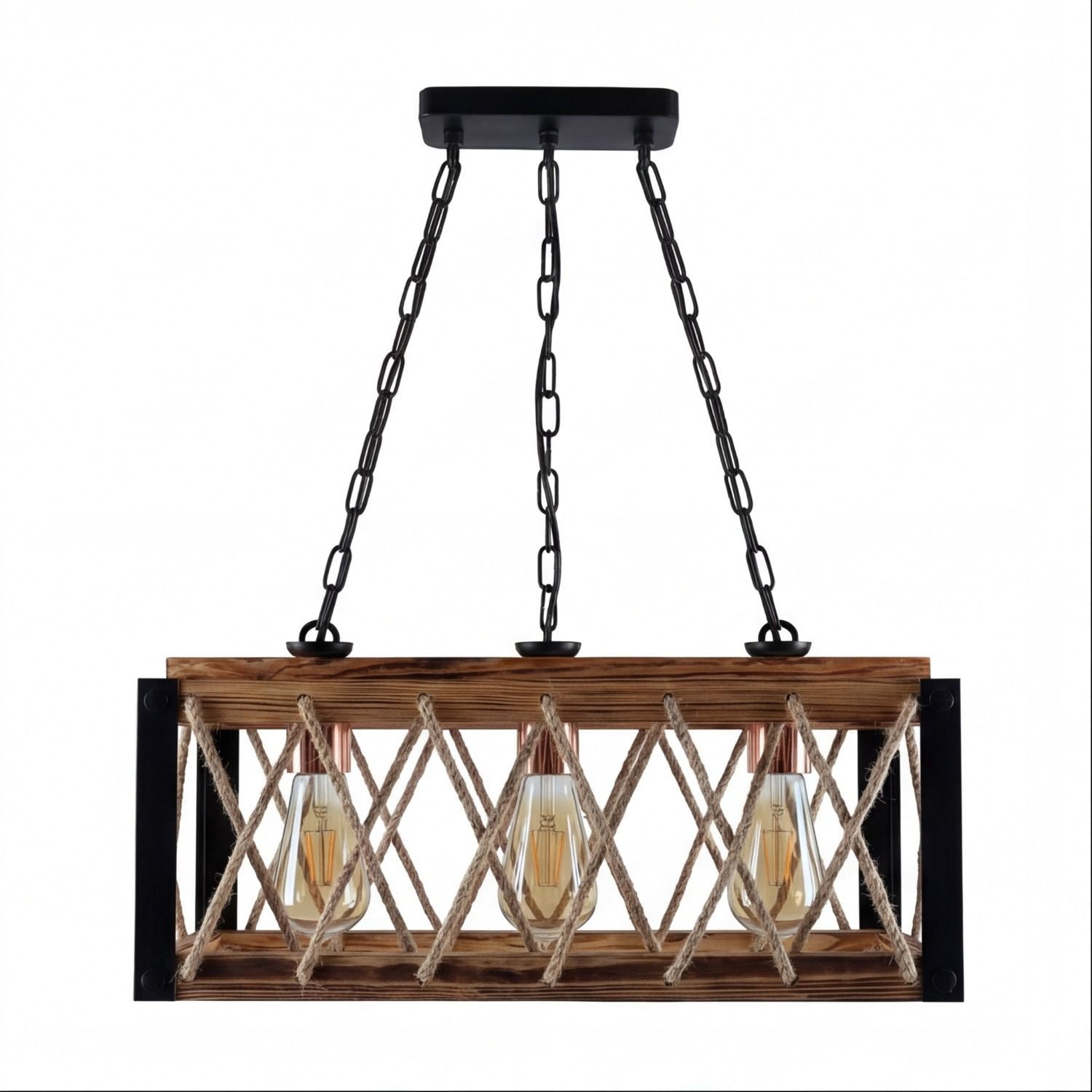 Licht-Erlebnisse Pendelleuchte SELMAR, ohne Leuchtmittel, geflammtes Holz Metall B: 49 cm H: max. 80 cm E27 3-flammig Rustikal