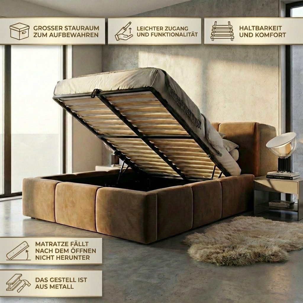 A&J MöbelLand GmbH Polsterbett LISI-OM mit Bettkasten und Lattenrost (TOP ANGEBOT! Inklusive Bettgestell, Große Auswahl an Farben und Größen), Bettkasten und Lattenrost inklusive