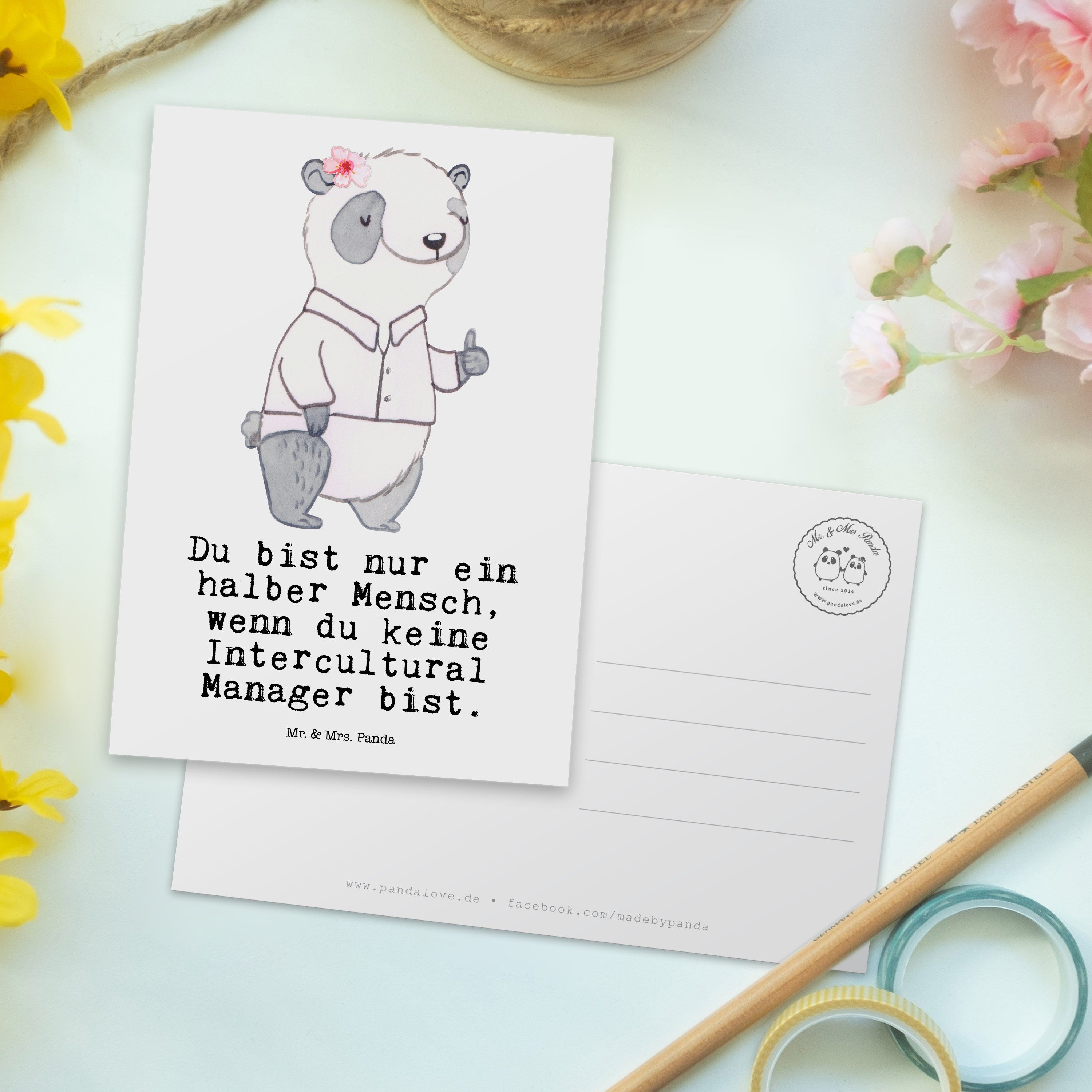 - Postkarte Rente Mrs. & Manager mit Mr. Weiß Geschenk, Intercultural Panda Herz - Dankeskarte,