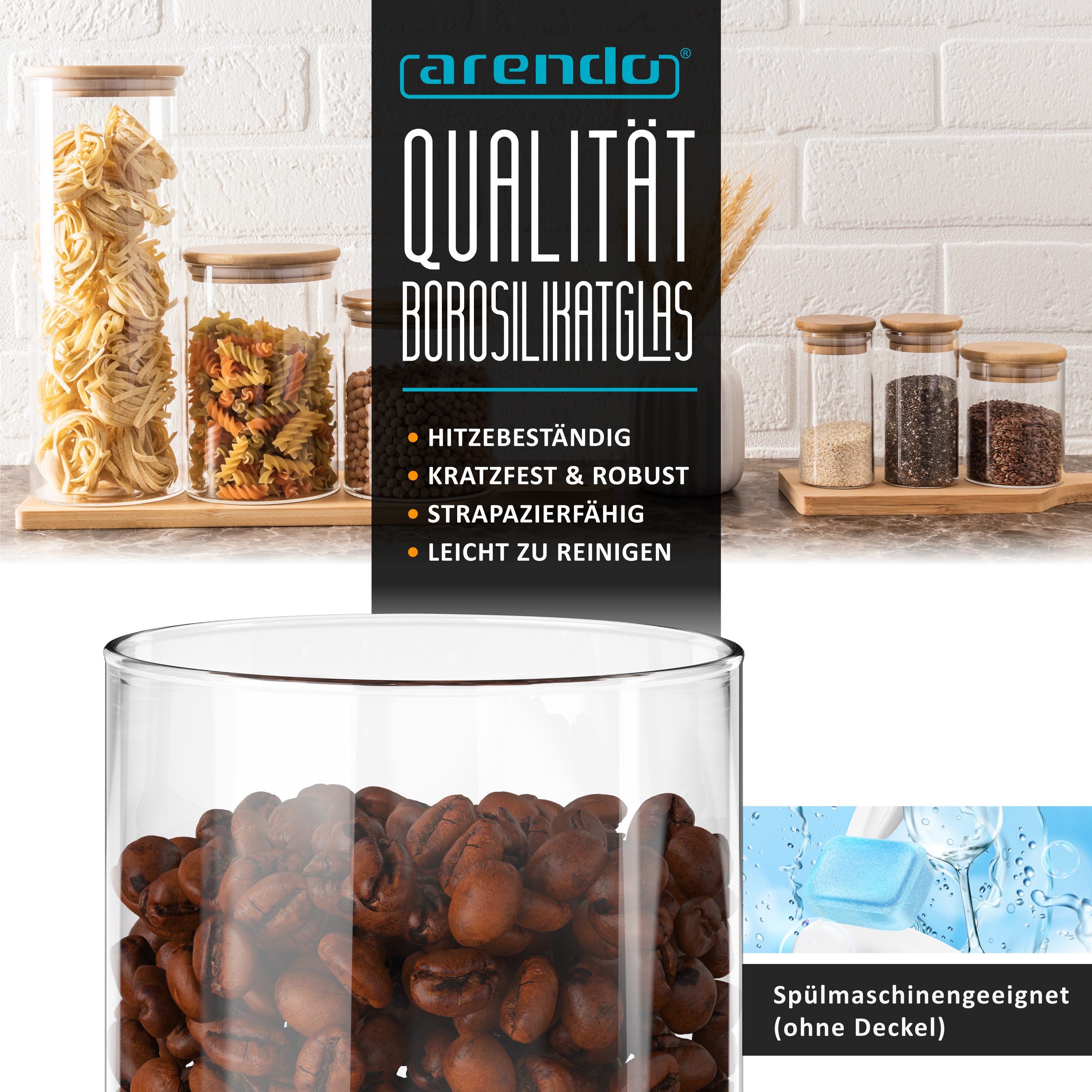 Arendo Aufbewahrungsbecher Glasbehälter-Set 0,56 bis 2,35L Borosilikat rund mit Bambusdeckel, Borosilikatglas, Bambus, Silikon, (Vorratsbehälter-Set, 7-tlg., 7e – Bild 4 von 5