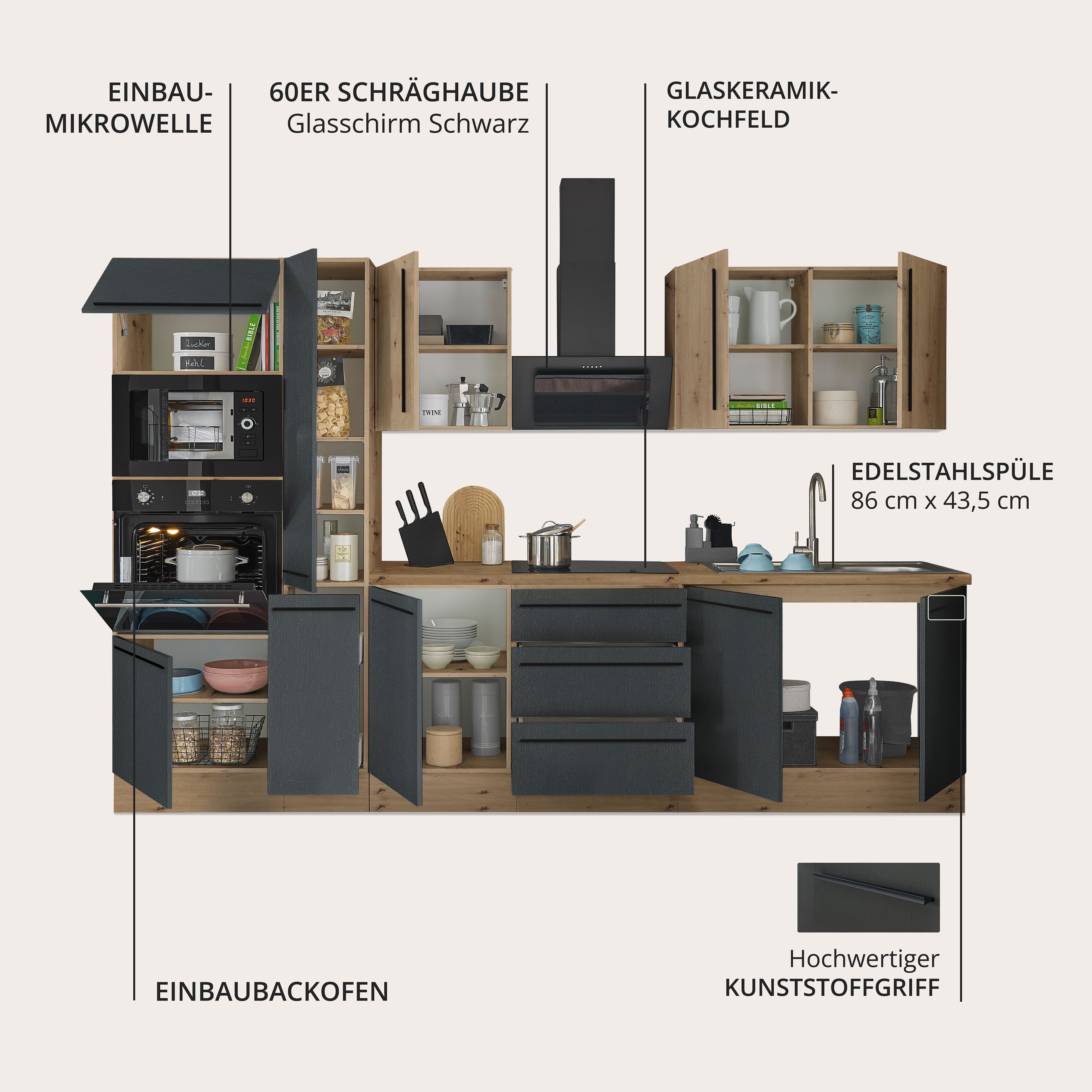KOCHSTATION Küchenzeile Florida, Breite 300 cm, wahlweise mit E-Geräten,Softclose für Türen/Schubkästen