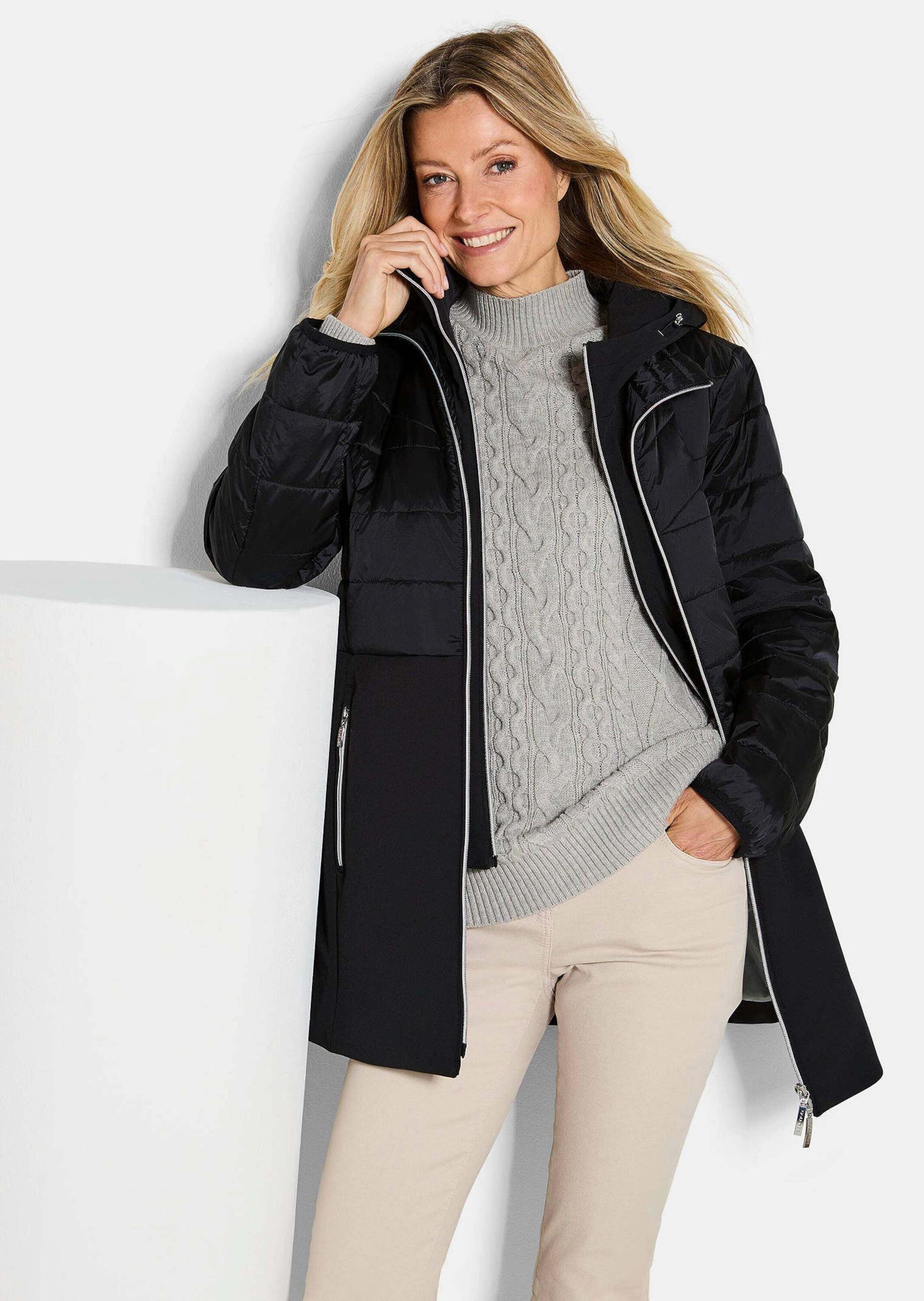 GOLDNER Kurzmantel Kurzgröße: Wintermantel mit Softshell-Einsatz Kapuzenjacke mit 2-Wege-Reißverschluss, Taschen und Langarm