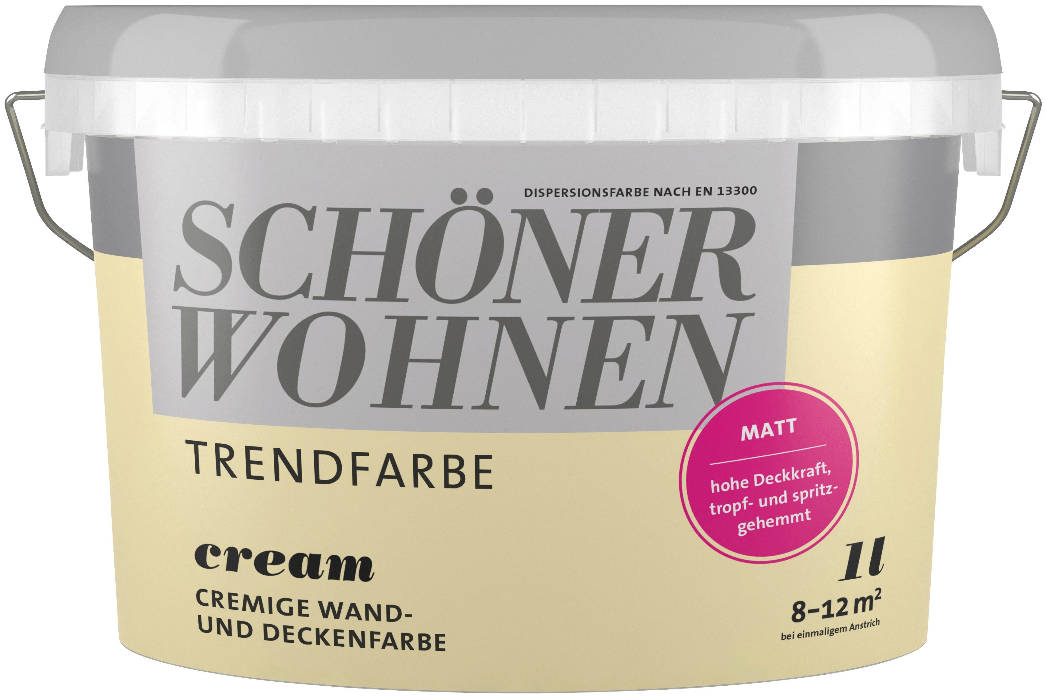 SCHÖNER WOHNEN-Kollektion Wand- und Deckenfarbe Trendfarbe, 1 Liter, Cream,  hochdeckende Wandfarbe - für Allergiker geeignet