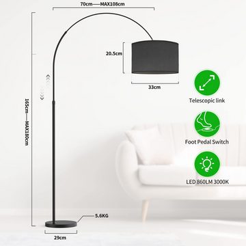 MODLICHT Stehlampe LED Bogenlampe Stoff Bogenleuchte Schwarz Stoffschirm Stehleuchte E27, mit Fußschalter für Schlafzimmer Hotel, Schwarz