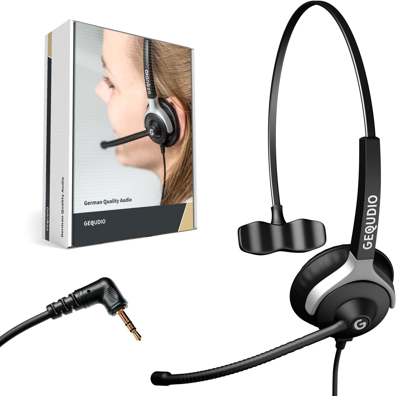 GEQUDIO für Gigaset, Panasonic, Grandstream, Polycom Telefone mit 2,5mm Klinke Headset (1-Ohr-Headset, 60g leicht, Bügel aus Federstahl, mit Wechselverschluss für mehrere Endgeräte, inklusive Anschlusskabel)