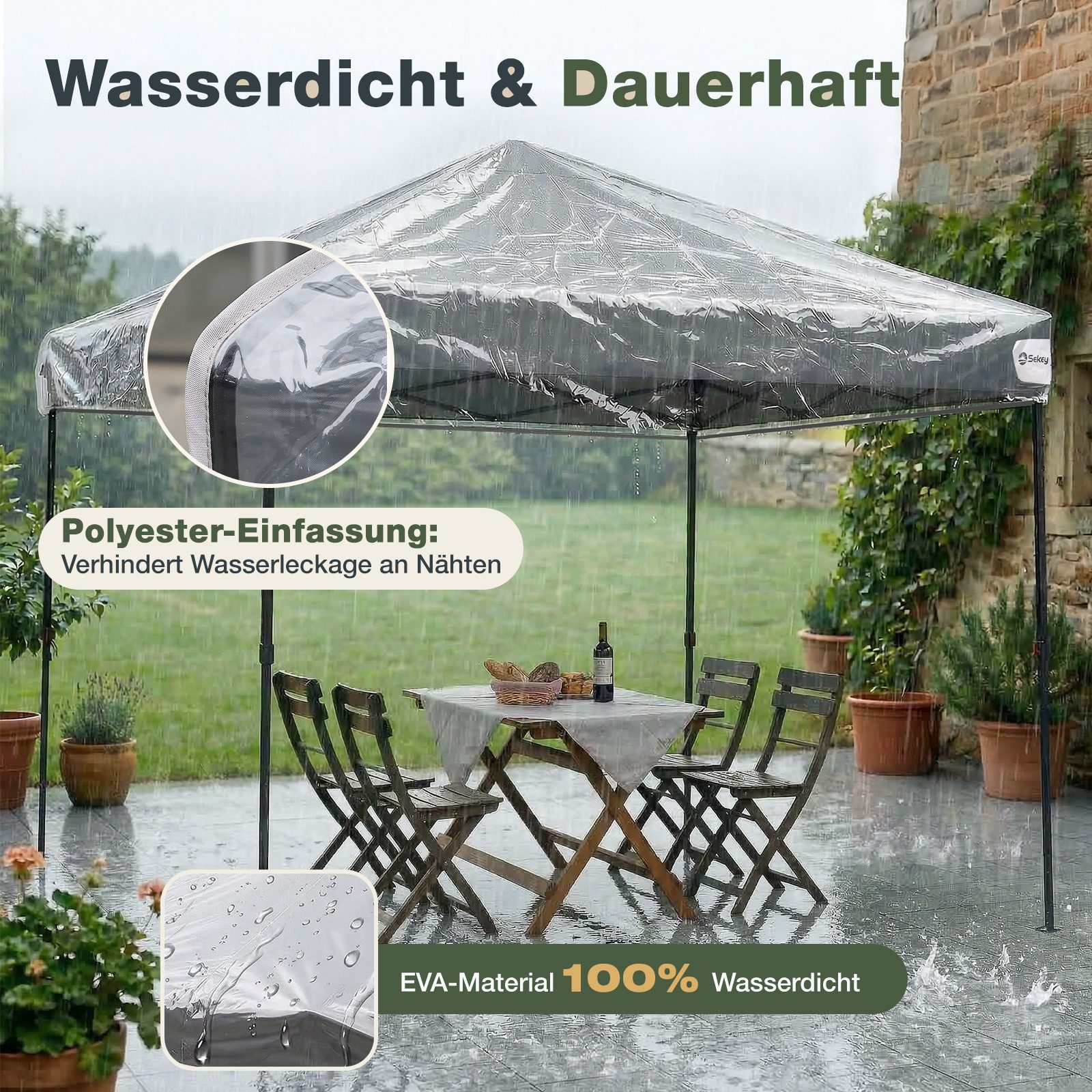 Sekey Pavillon-Schutzhülle Ersatzdach Pavillon 3 x 3 m Pavillondach Transparent Wasserfest, 270g/m², pavillon schutzhaube, Regenschutz Plane für Gartenzelt