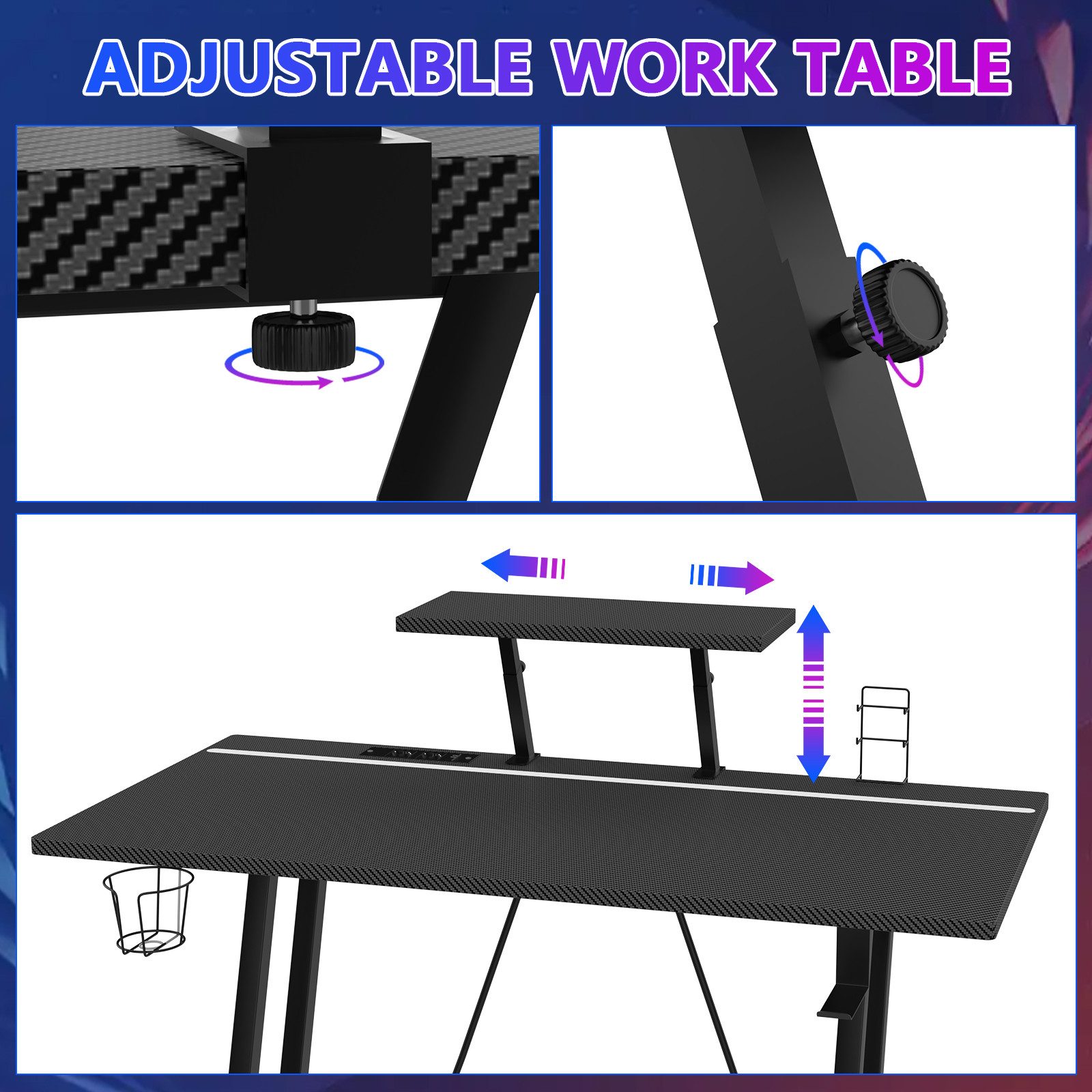 JEOBEST Schreibtisch Computertisch Gaming Tisch mit Monitorständer und Haken, (1 Tisch), Stabil Stahlgestell Industrie-Design, für Büro, Heimbüro