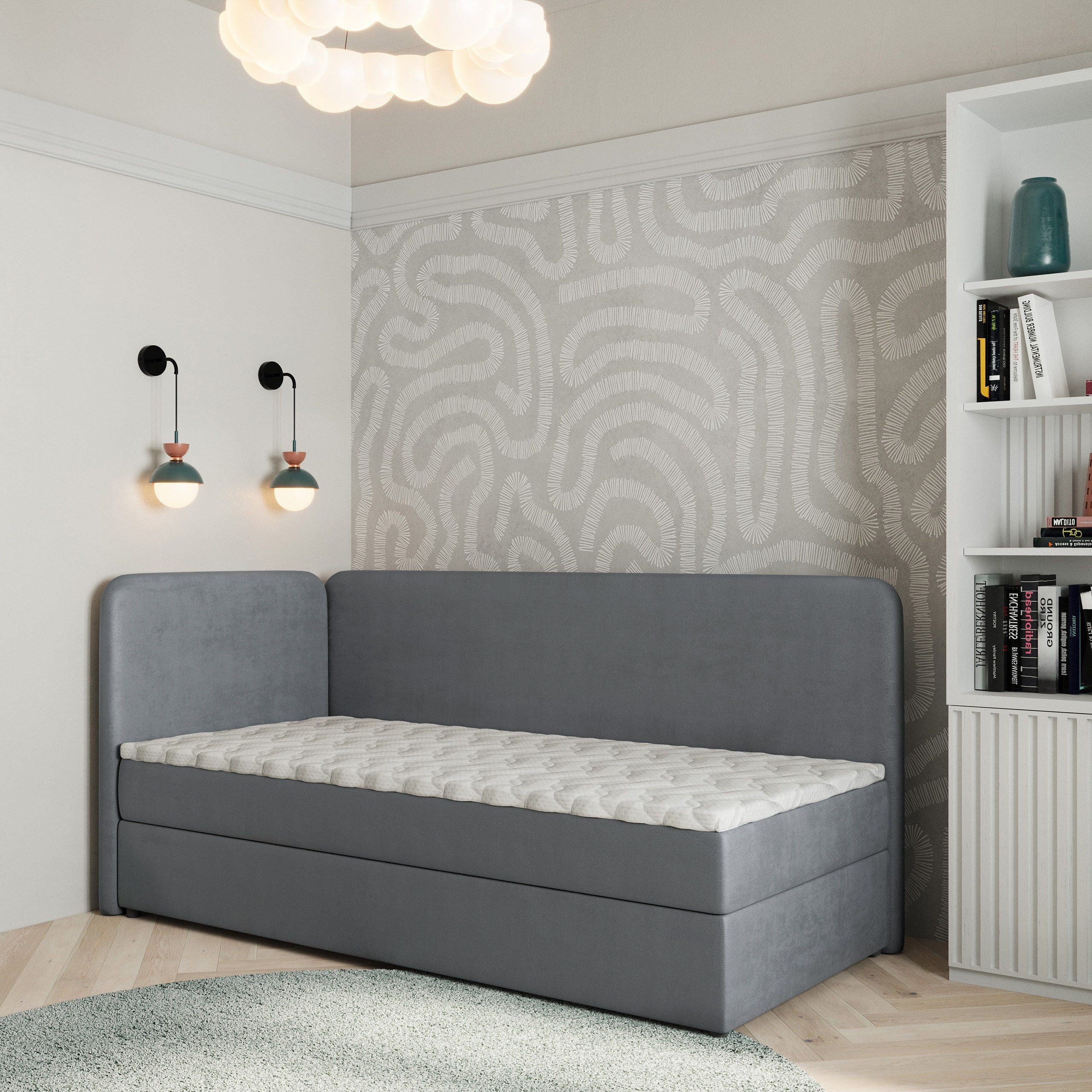Masseno Boxbett GINA 90x200 cm mit Bonell Matratze und Topper, Einzelbett, Jugendbett, Polsterbett mit Kopfteil, Boxspringbett
