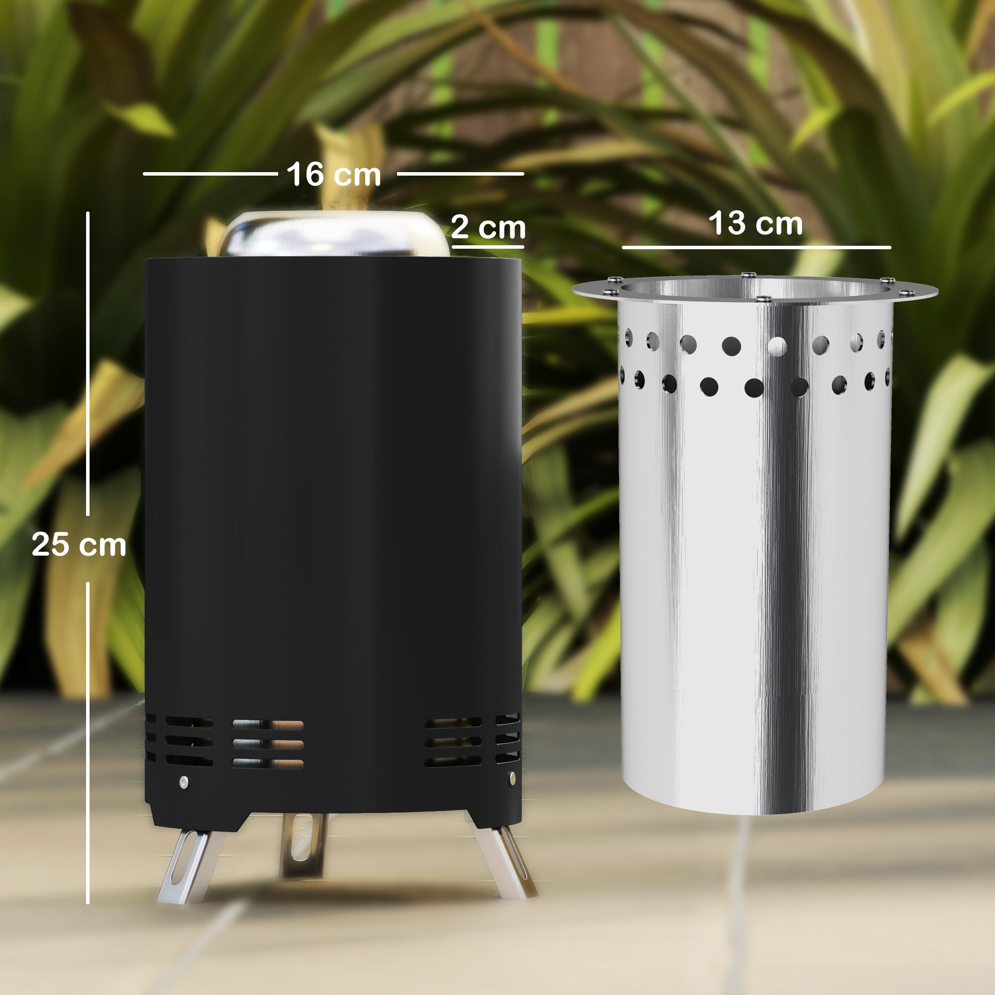 Outsunny Feuerschale Ø16 x 25cm, aus Edelstahl, mit Schürhaken, (Feuerstelle, 1-St., Rauchfreie Feuerkorb), für Garten, Balkon Terrasse, Outdoor BBQ Camping Schwarz